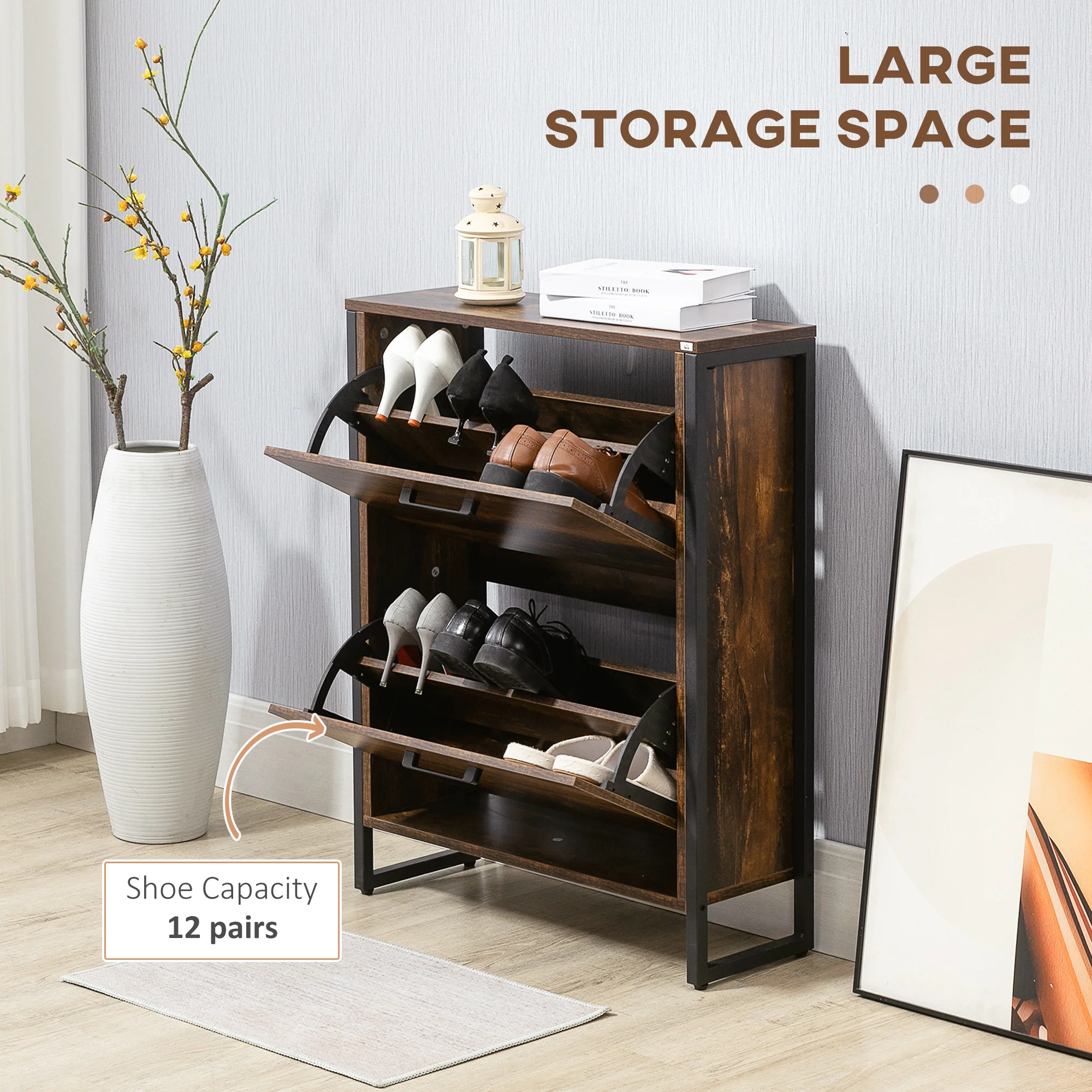 HOMCOM 2 Flip Door Shoe Cabinet With Divider For Entryway Rustic Brown - Image 3