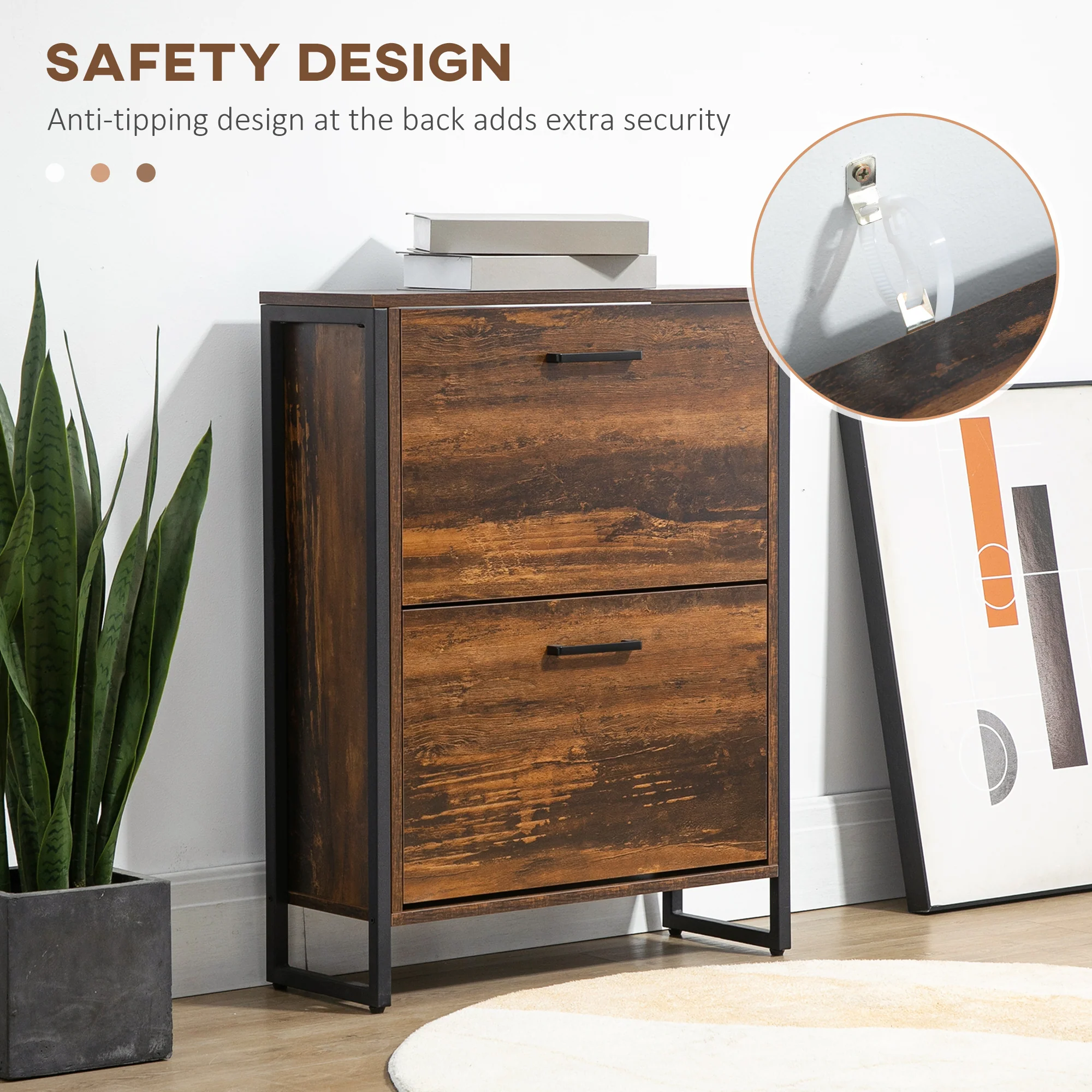 HOMCOM 2 Flip Door Shoe Cabinet With Divider For Entryway Rustic Brown - Image 6