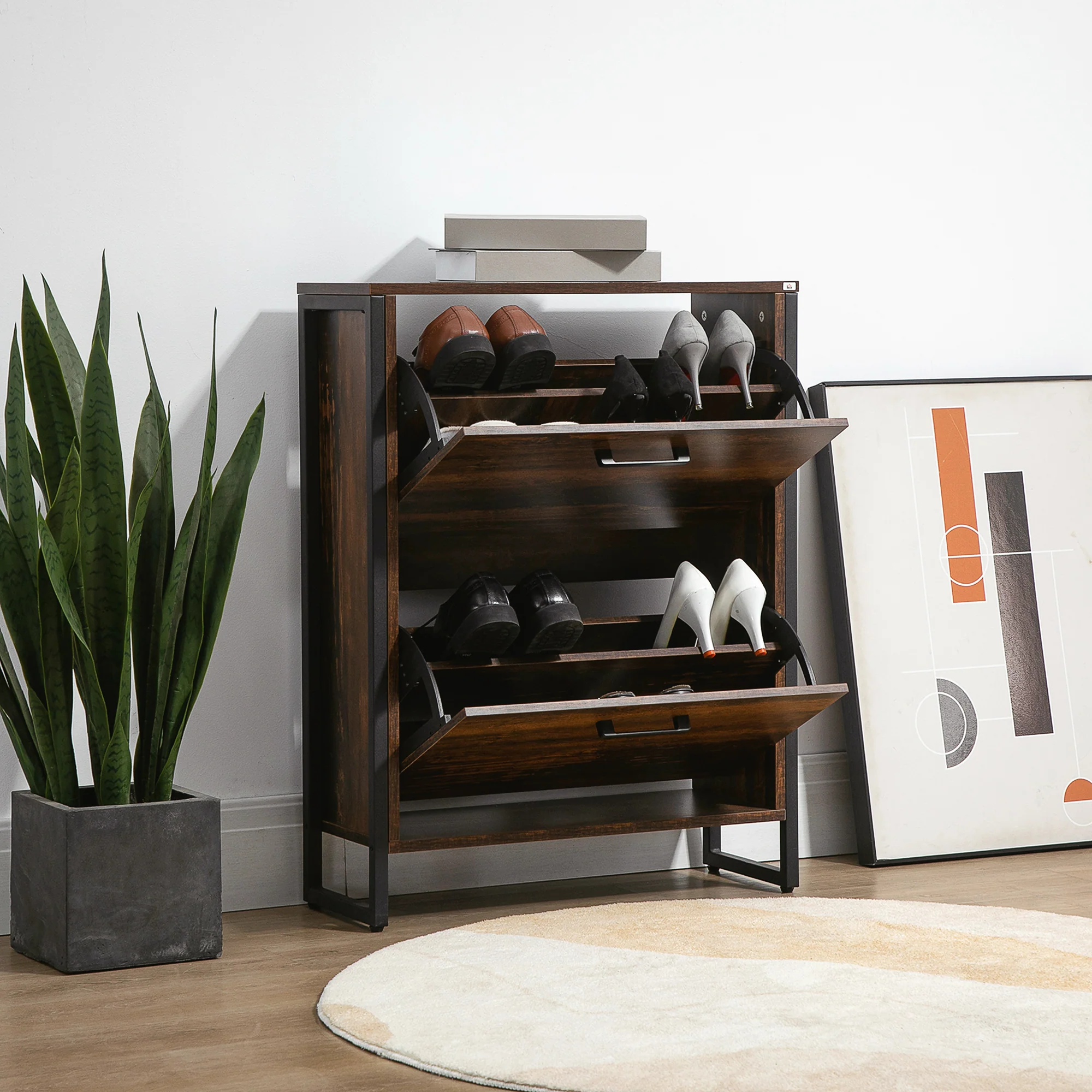 HOMCOM 2 Flip Door Shoe Cabinet With Divider For Entryway Rustic Brown - Image 7