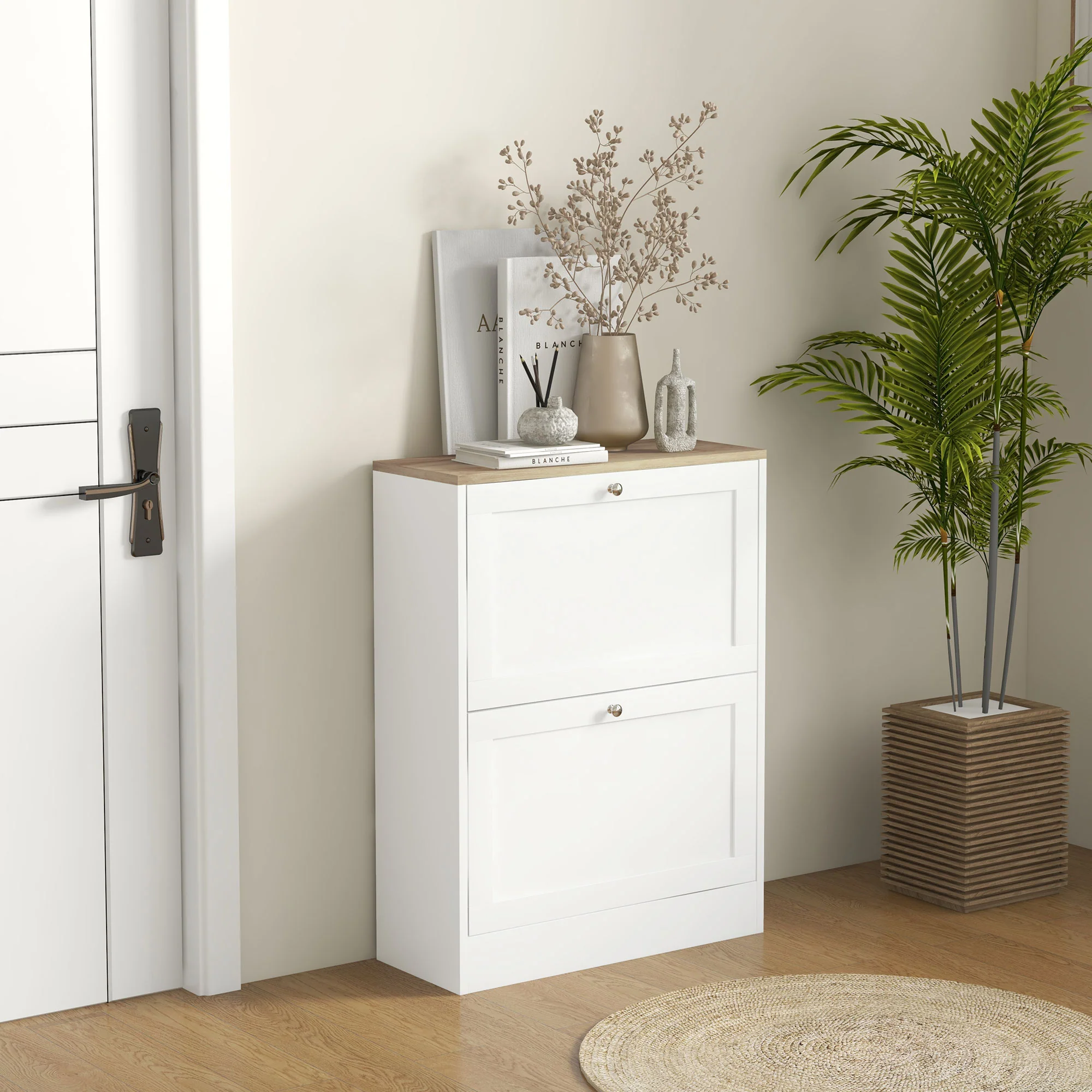 HOMCOM 2 Flip Drawer Narrow Shoe Cabinet with Adjustable Shelves, White - Image 2