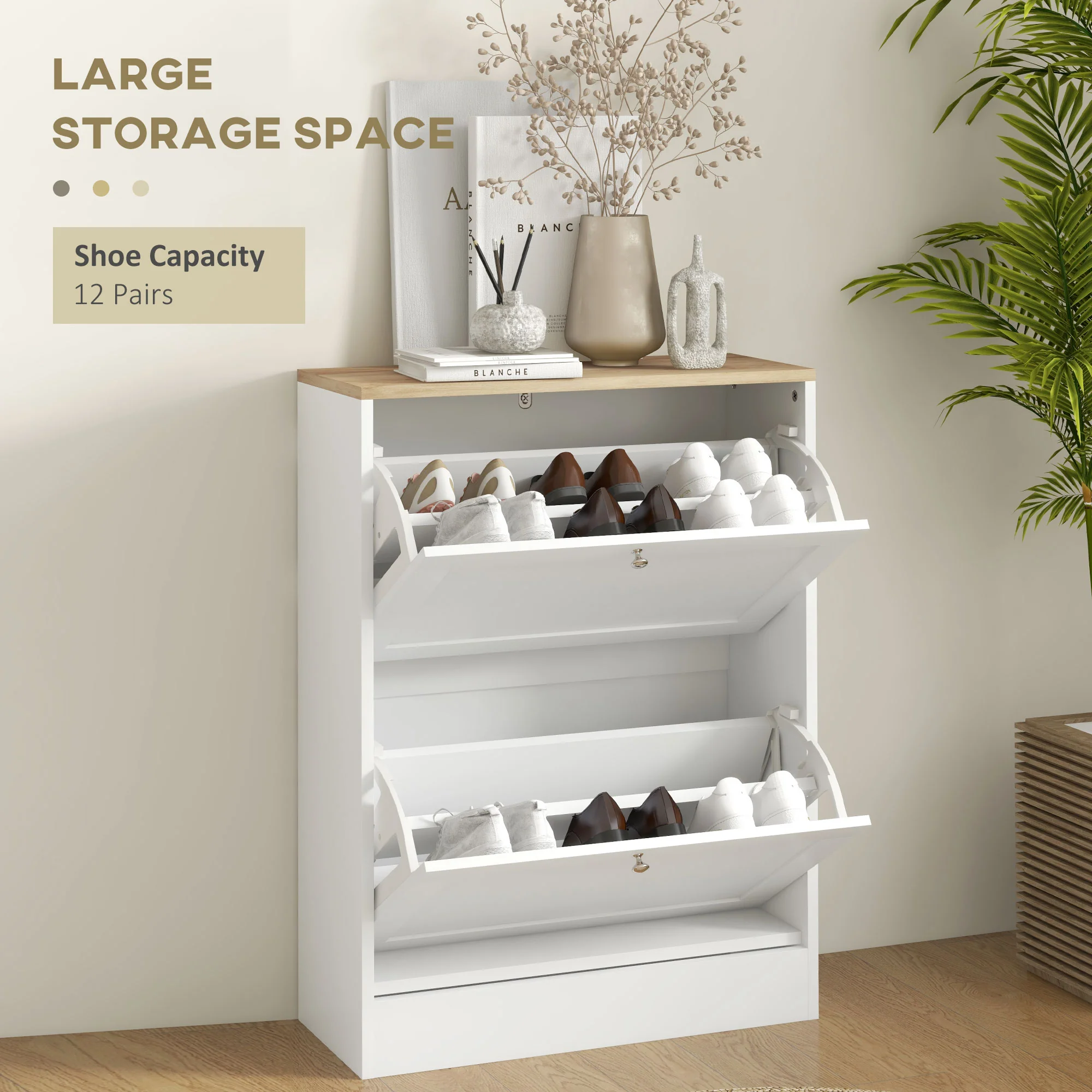 HOMCOM 2 Flip Drawer Narrow Shoe Cabinet with Adjustable Shelves, White - Image 3