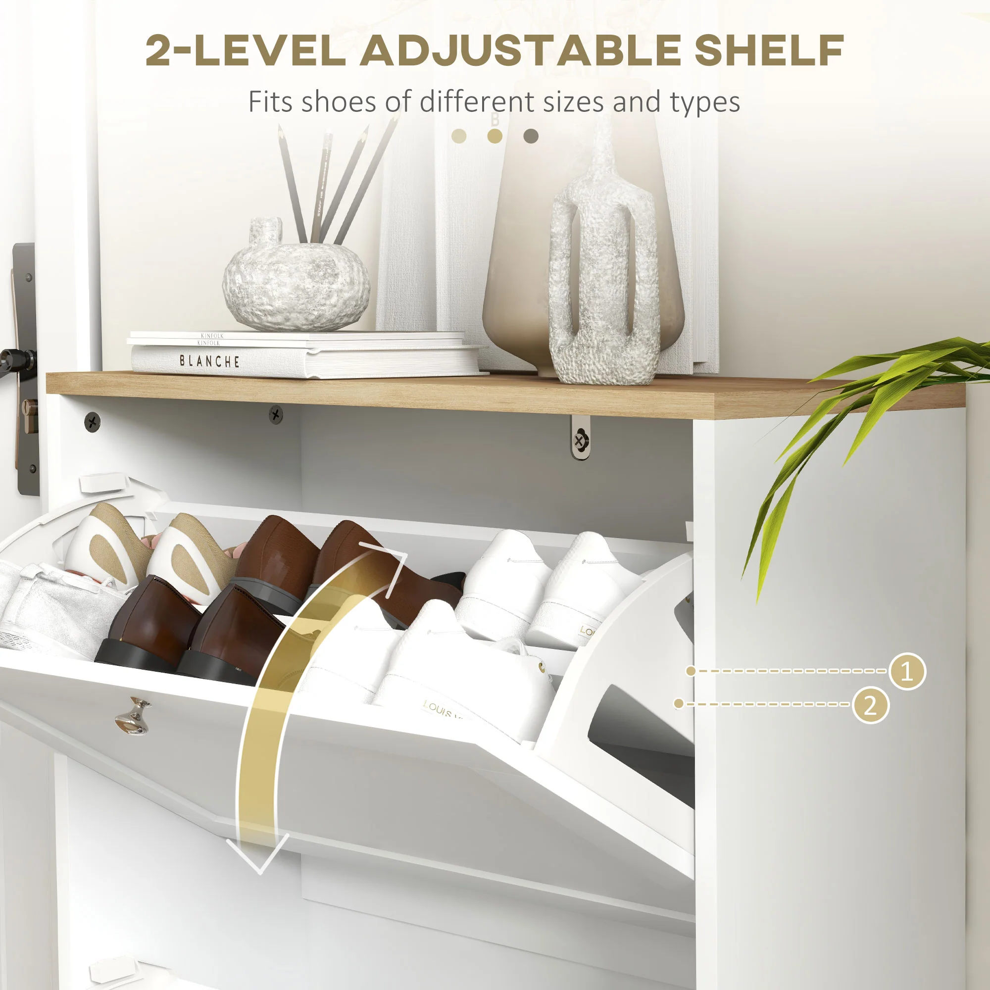 HOMCOM 2 Flip Drawer Narrow Shoe Cabinet with Adjustable Shelves, White - Image 4