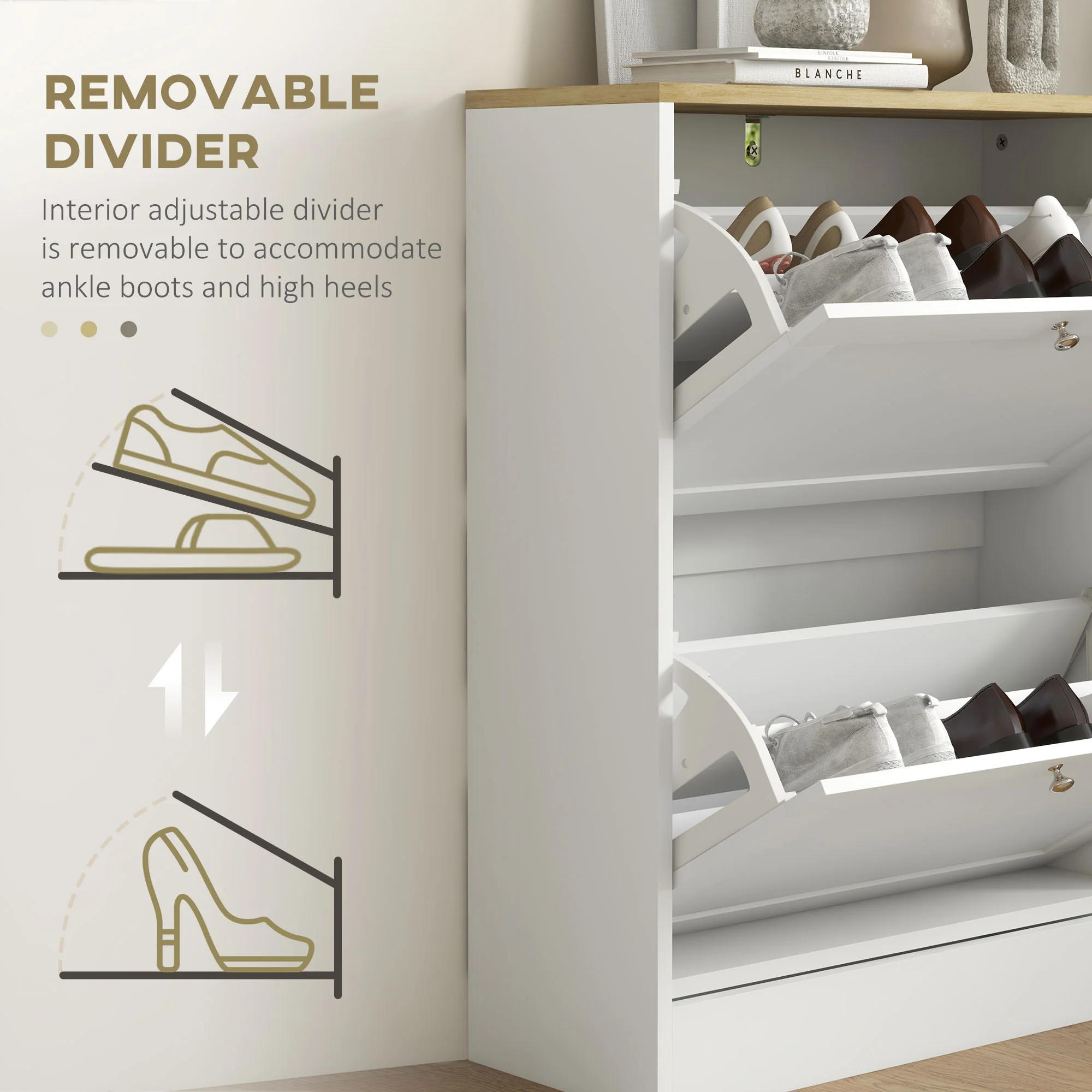 HOMCOM 2 Flip Drawer Narrow Shoe Cabinet with Adjustable Shelves, White - Image 6