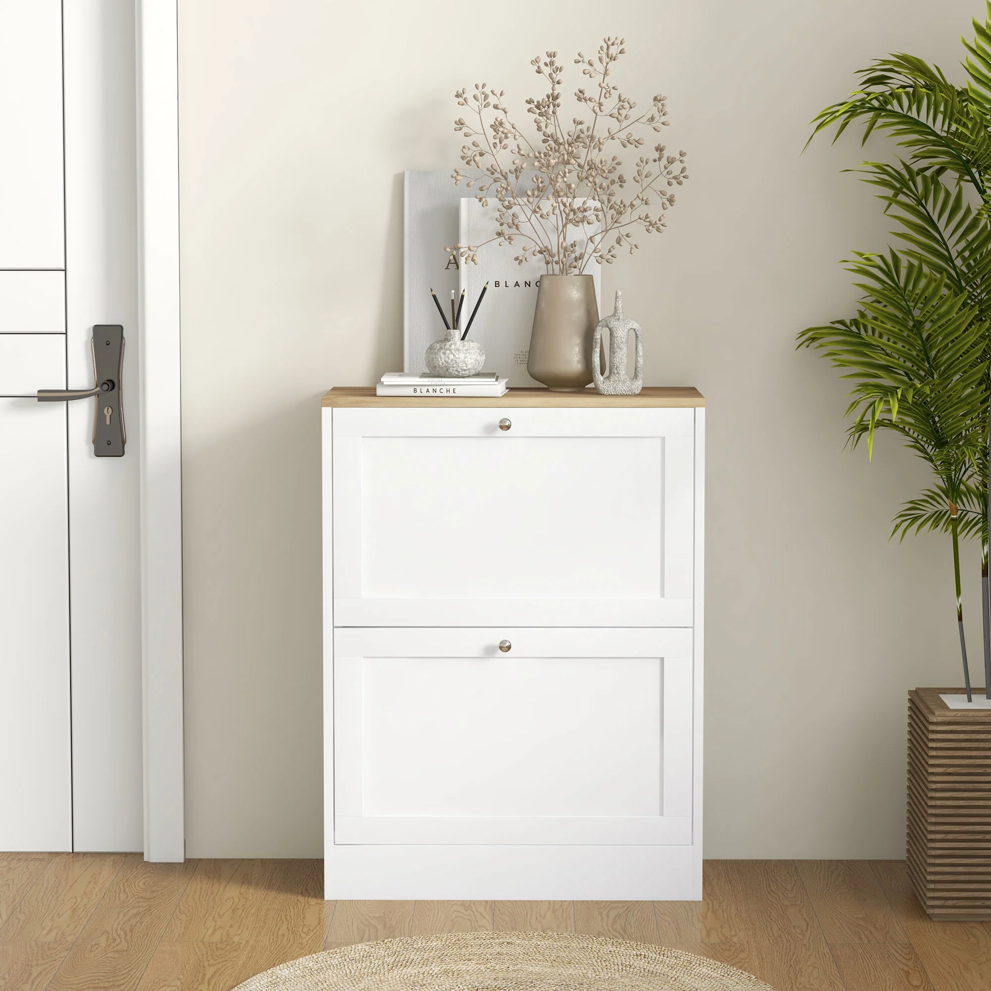 HOMCOM 2 Flip Drawer Narrow Shoe Cabinet with Adjustable Shelves, White - Image 8