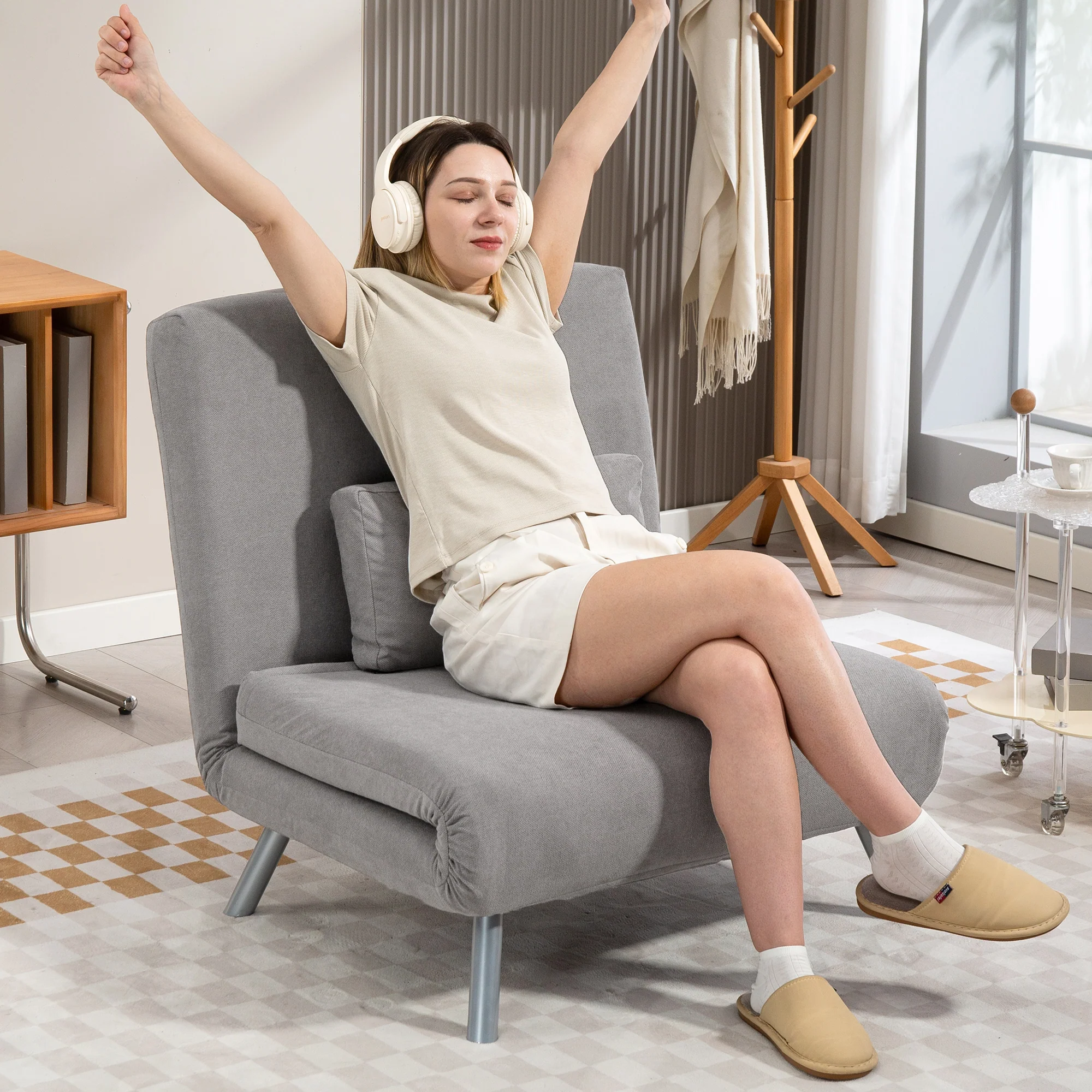 HOMCOM 2-in-1 Folding Sofa Bed With 5-level Adjustable Backrest, Grey - Image 2