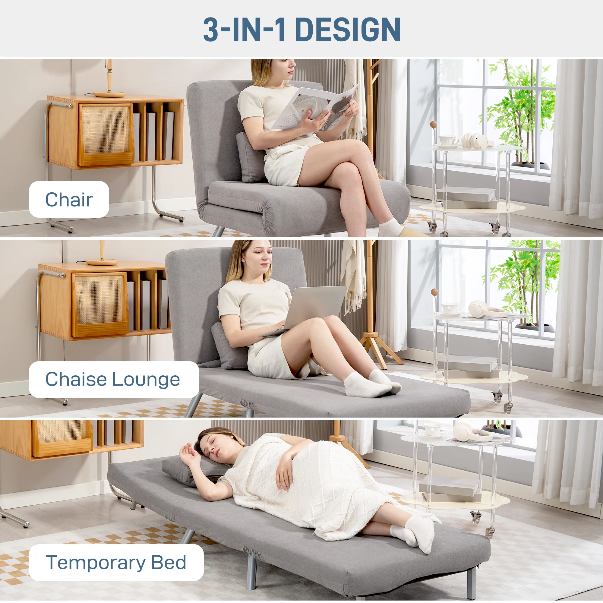 HOMCOM 2-in-1 Folding Sofa Bed With 5-level Adjustable Backrest, Grey - Image 3