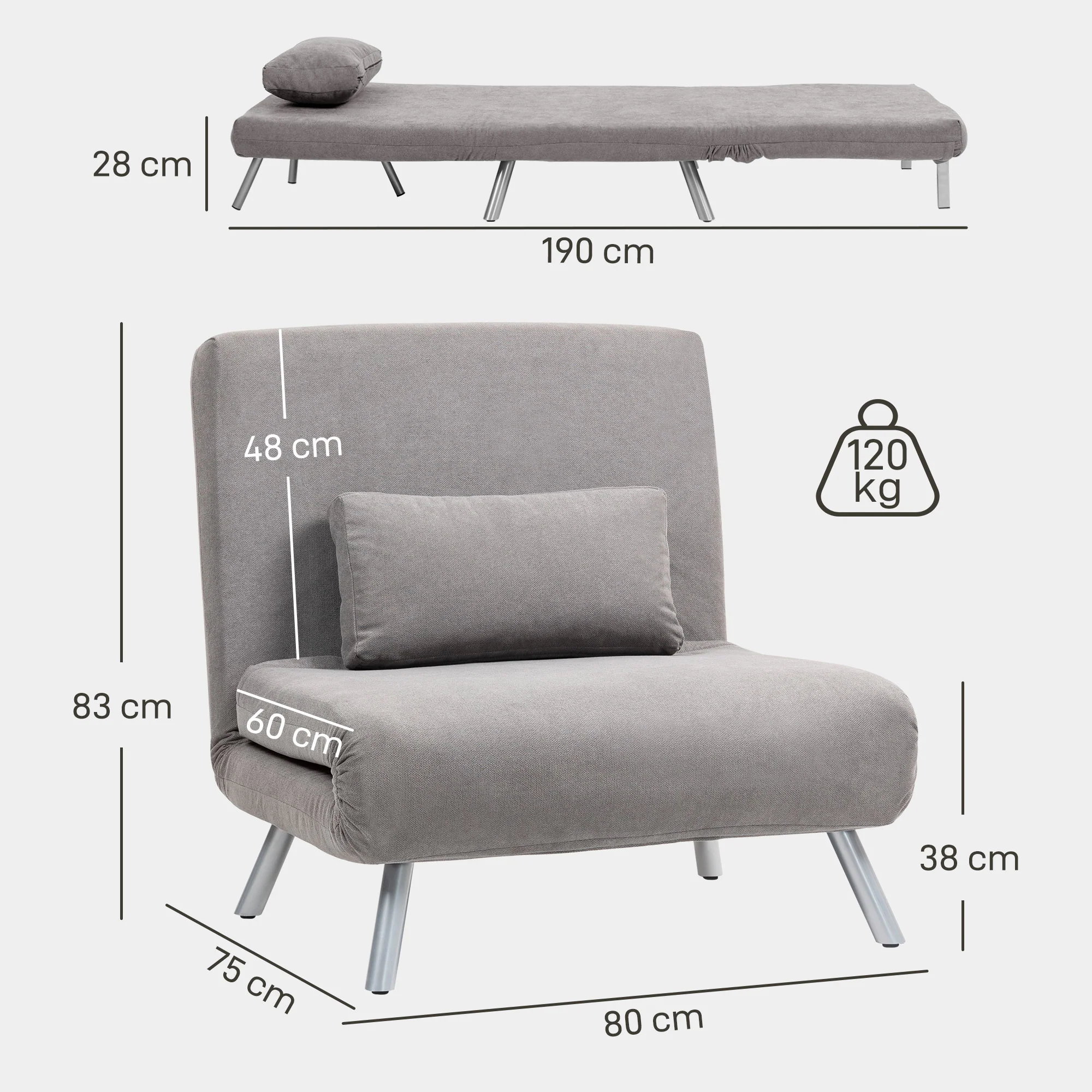 HOMCOM 2-in-1 Folding Sofa Bed With 5-level Adjustable Backrest, Grey - Image 5