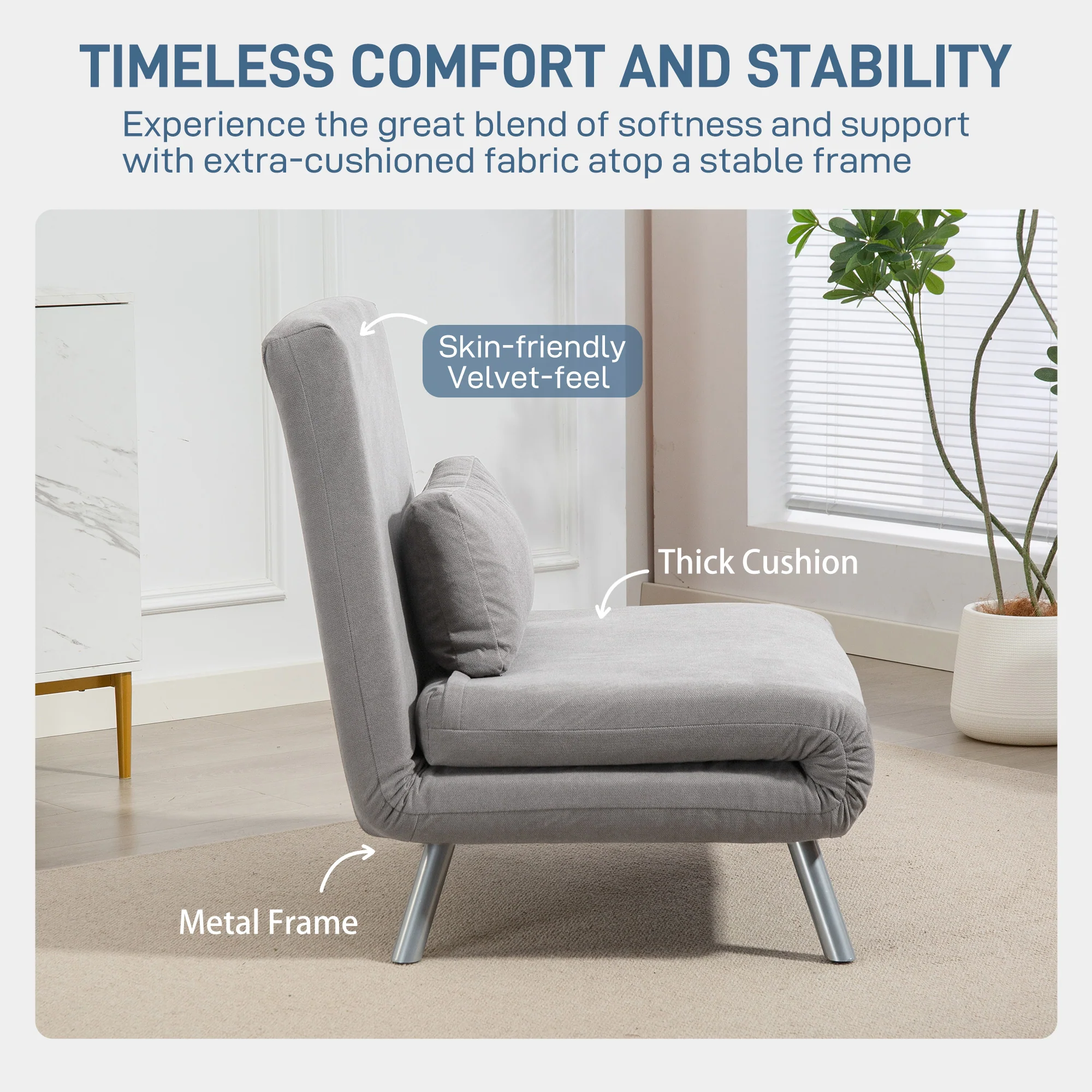HOMCOM 2-in-1 Folding Sofa Bed With 5-level Adjustable Backrest, Grey - Image 6