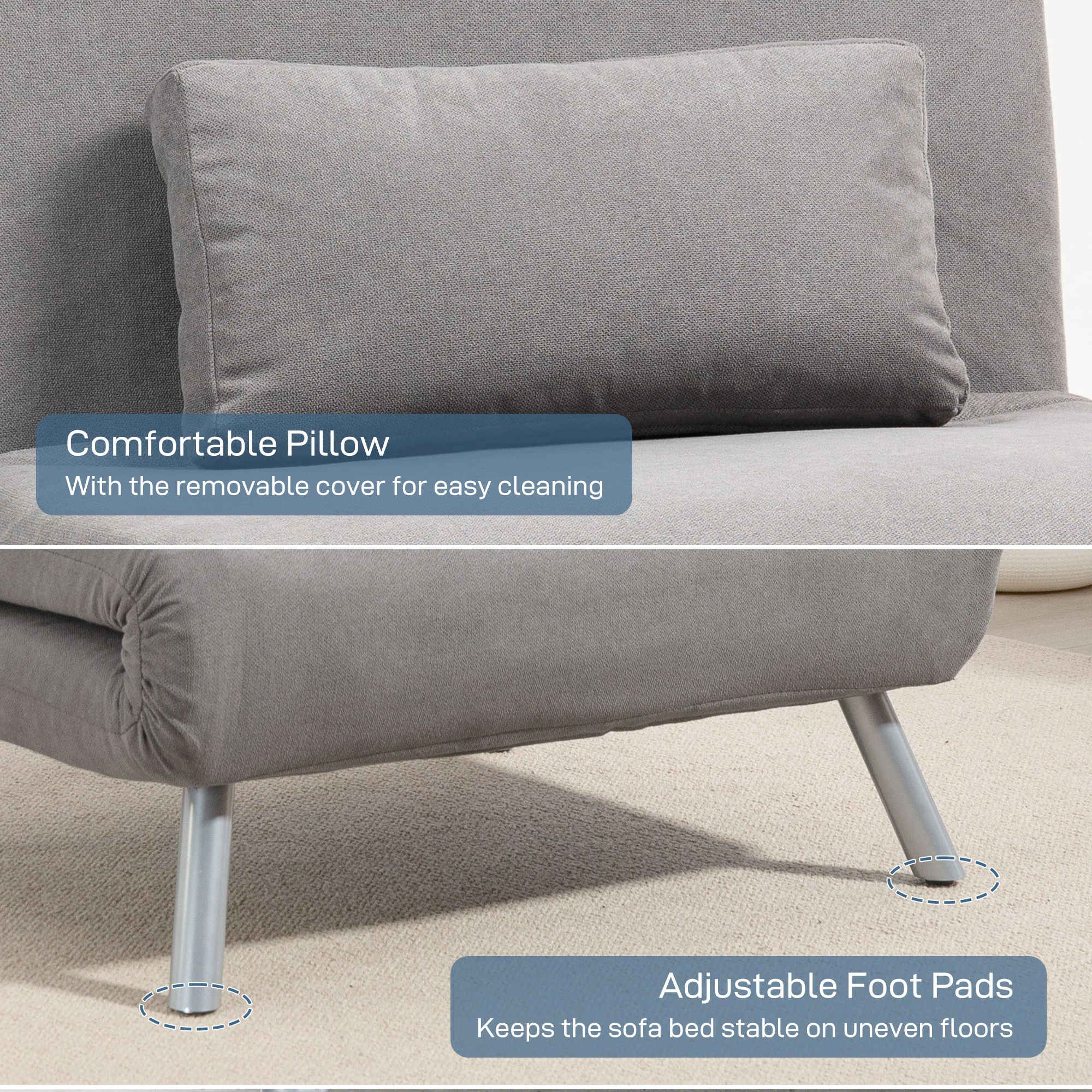 HOMCOM 2-in-1 Folding Sofa Bed With 5-level Adjustable Backrest, Grey - Image 7