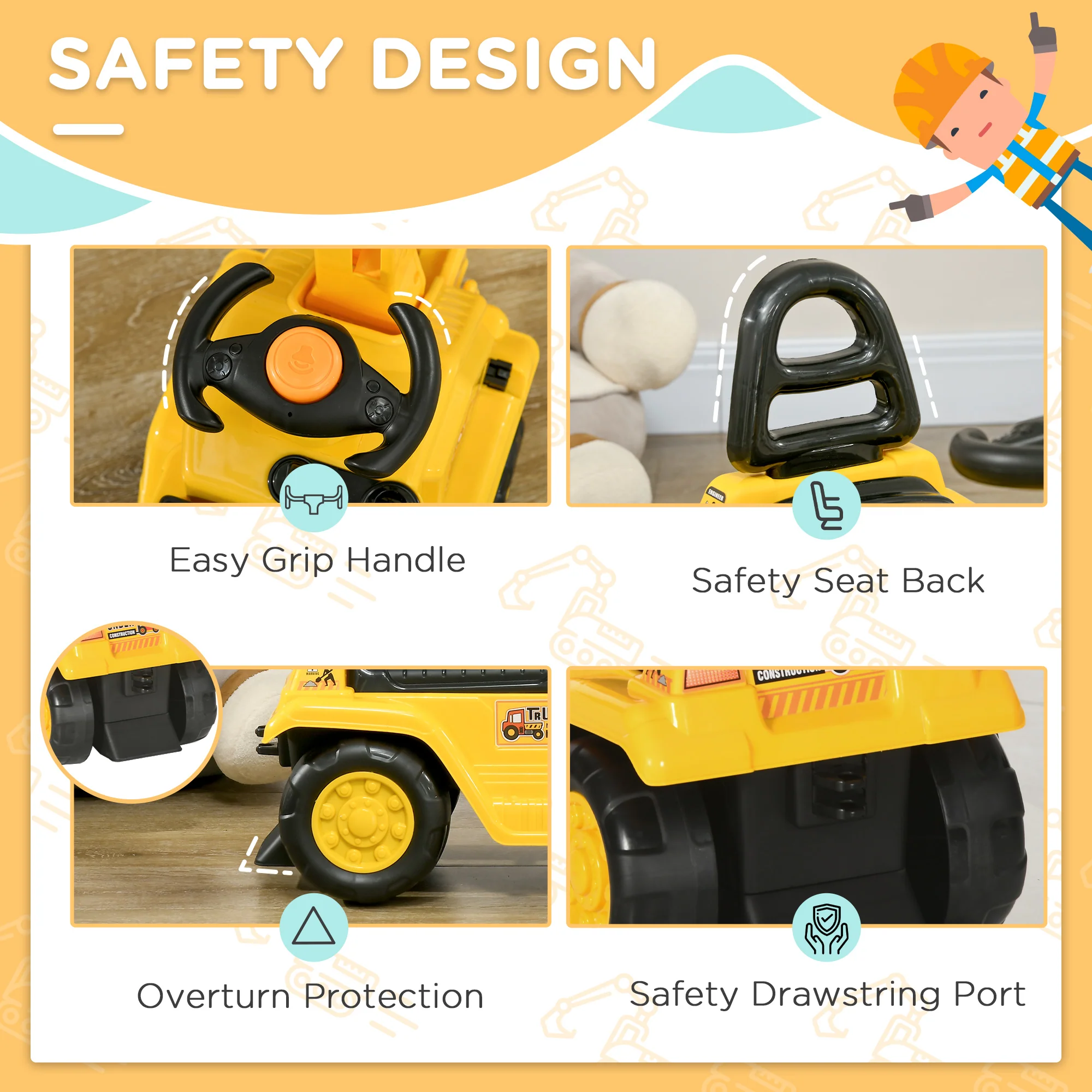 HOMCOM 2 in 1 Kids Ride On Tractor with Buckle, for 1.5-4 Years Old, Yellow - Image 6