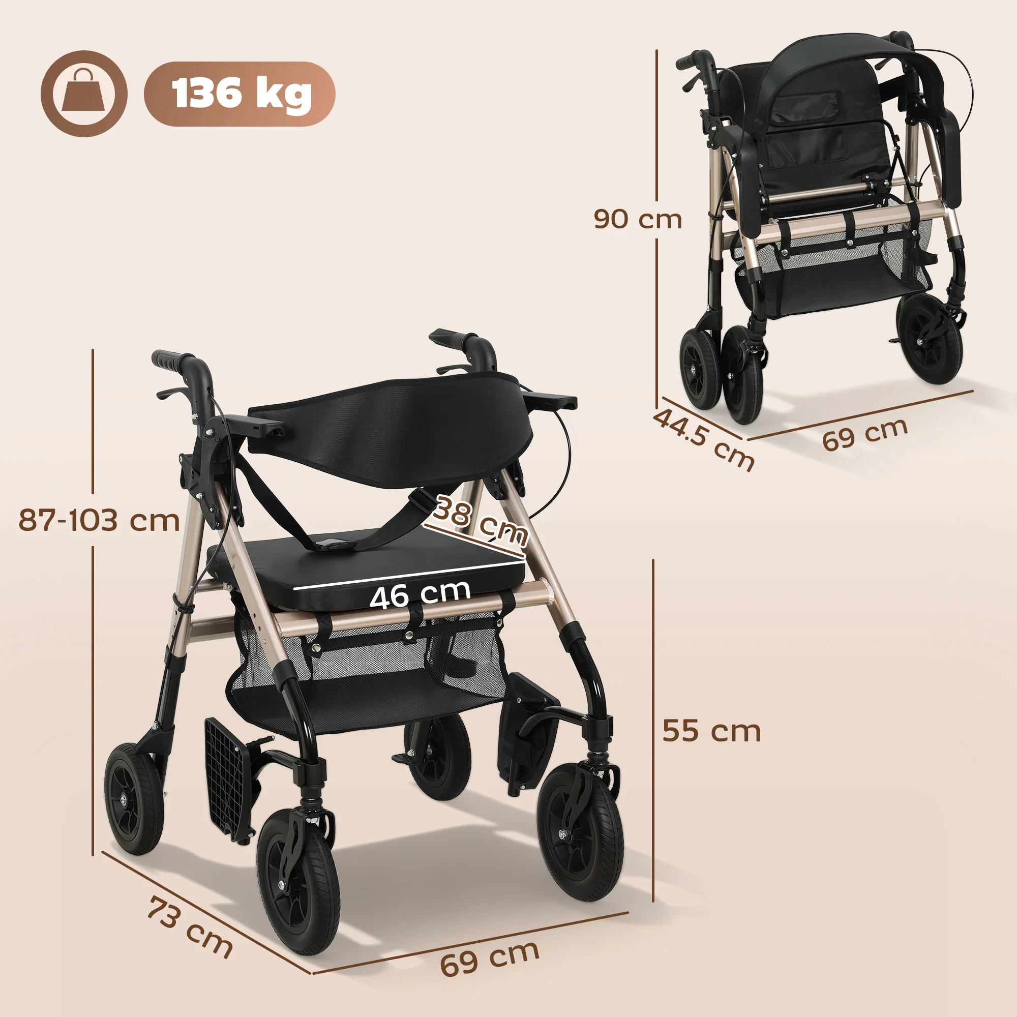 HOMCOM 2-in-1 Mobility Walker With Seat, Foldable Rollator With Footrests - Image 5
