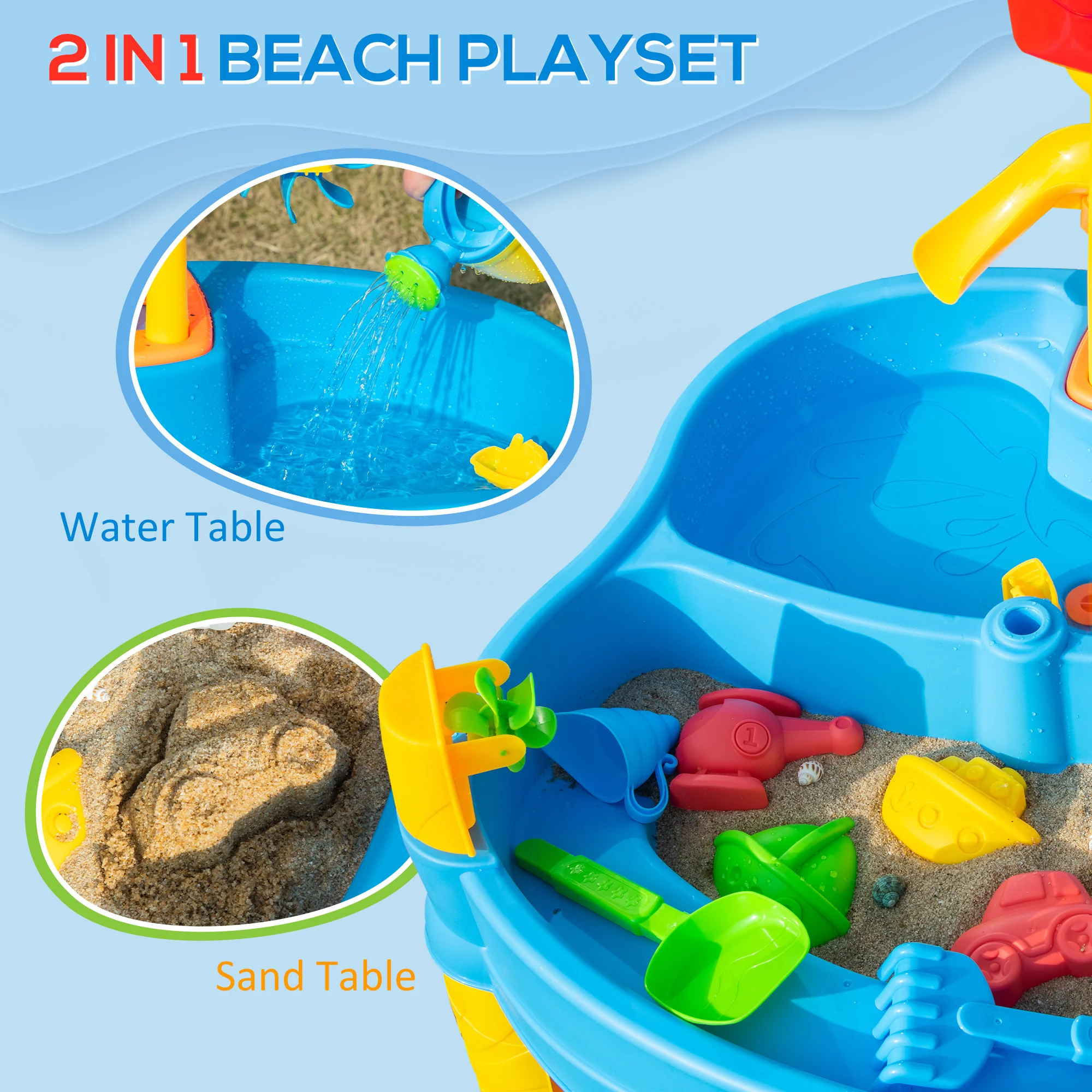 HOMCOM 2 in 1 Sand & Water Table - 18+ Months - Kids Outdoor Beach Garden - Image 3
