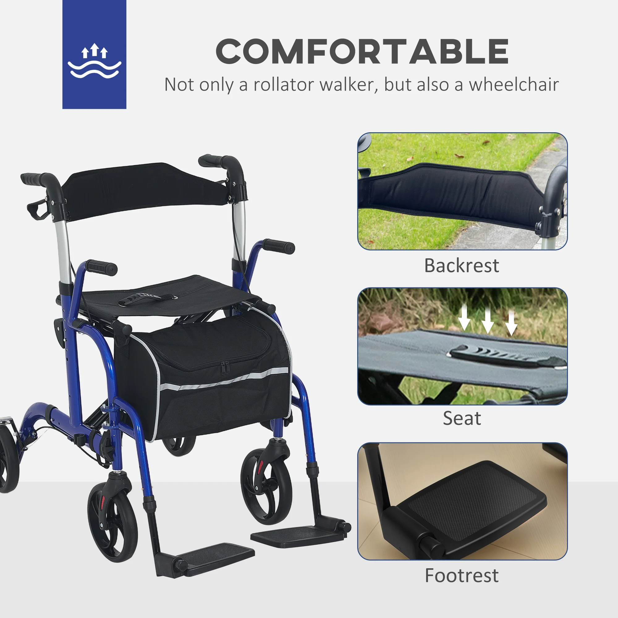 HOMCOM 2 in 1 Wheelchair & Folding Rollator Walker Combo, Pearl Blue - Image 3