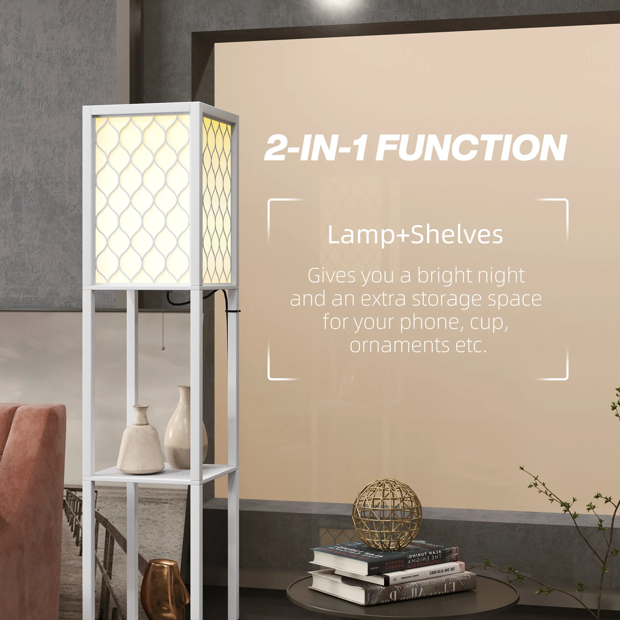 HOMCOM 2-Light Modern Floor Lamp With Shelves For Living Room, Bedroom - Image 12