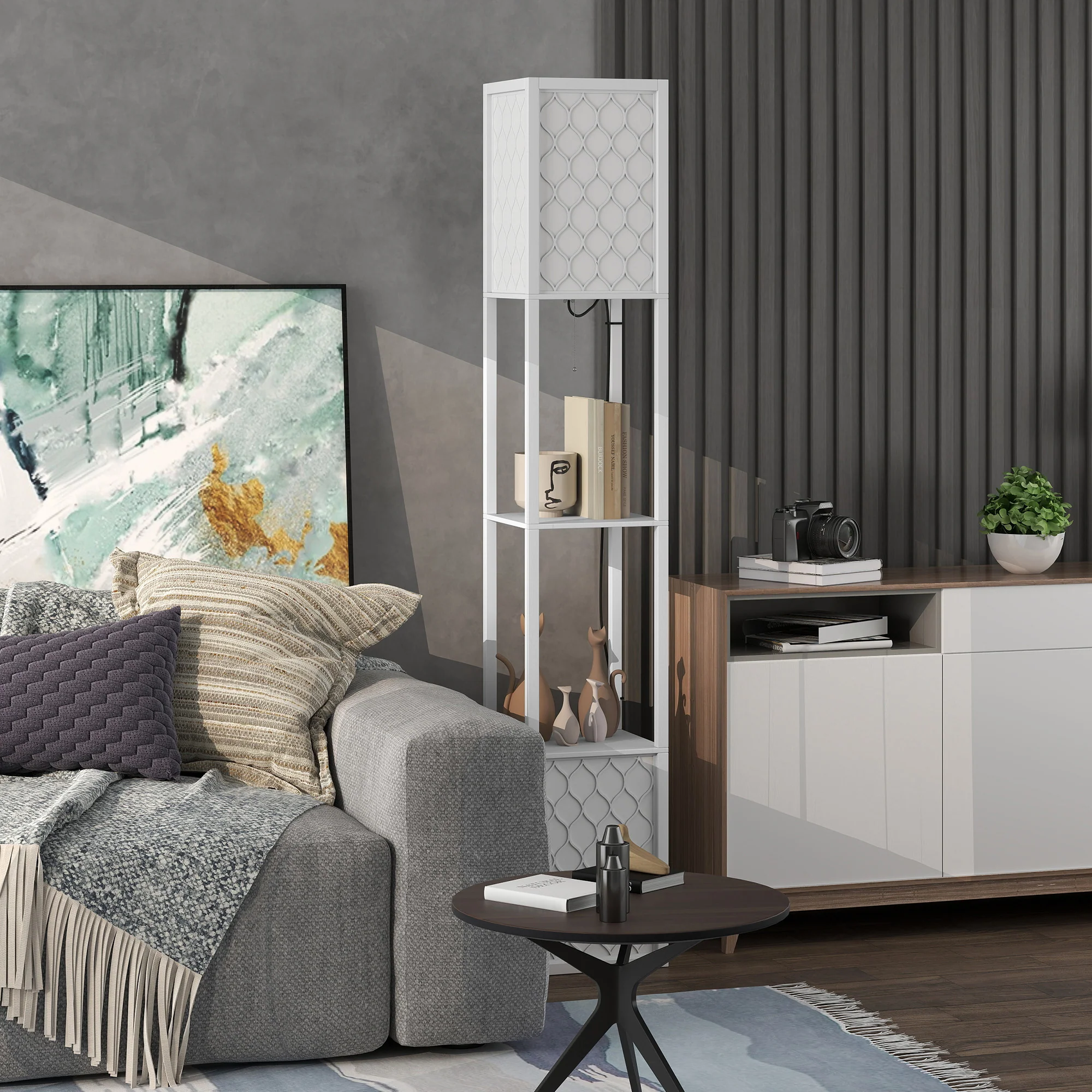 HOMCOM 2-Light Modern Floor Lamp With Shelves For Living Room, Bedroom - Image 18