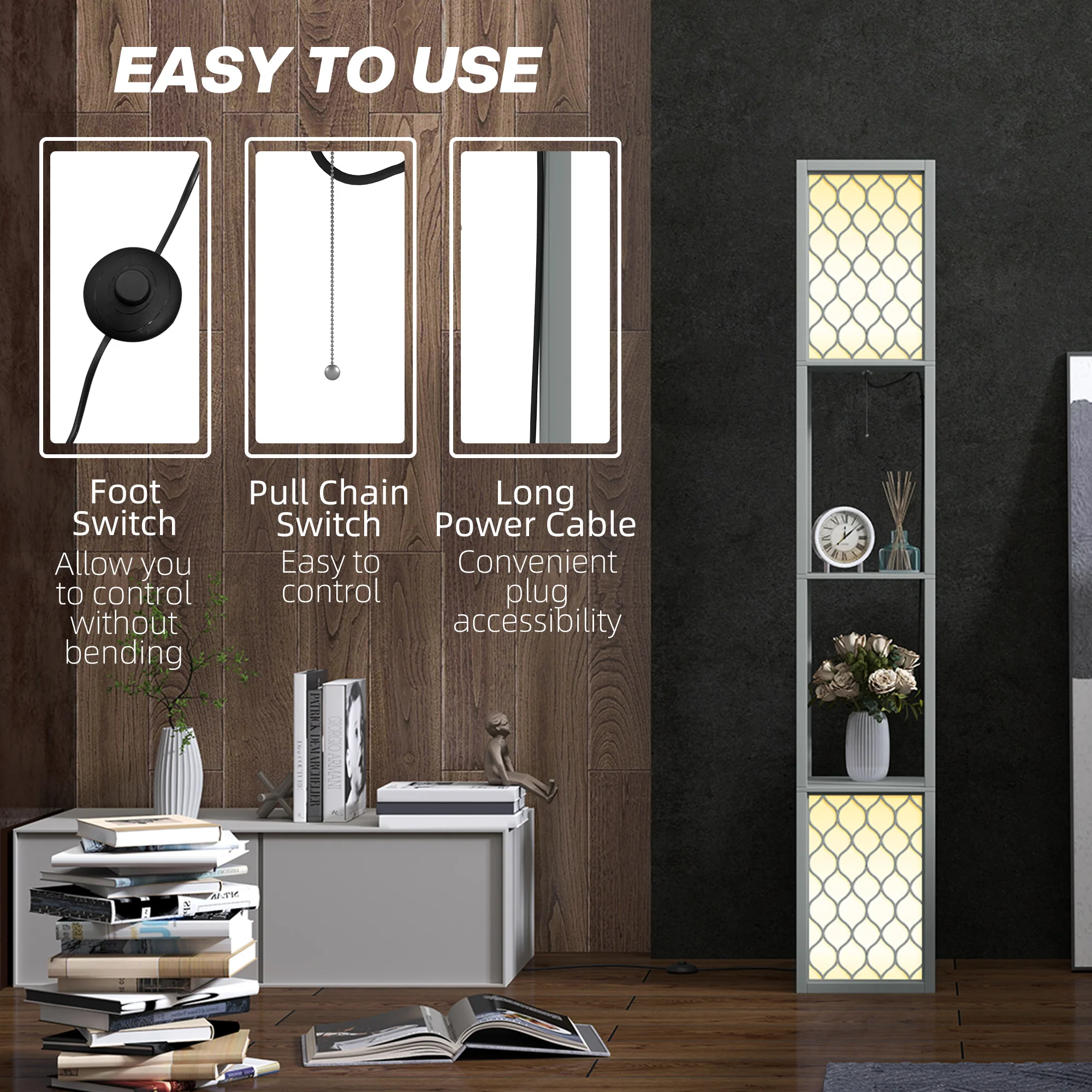 HOMCOM 2-Light Modern Floor Lamp With Shelves For Living Room, Bedroom - Image 6