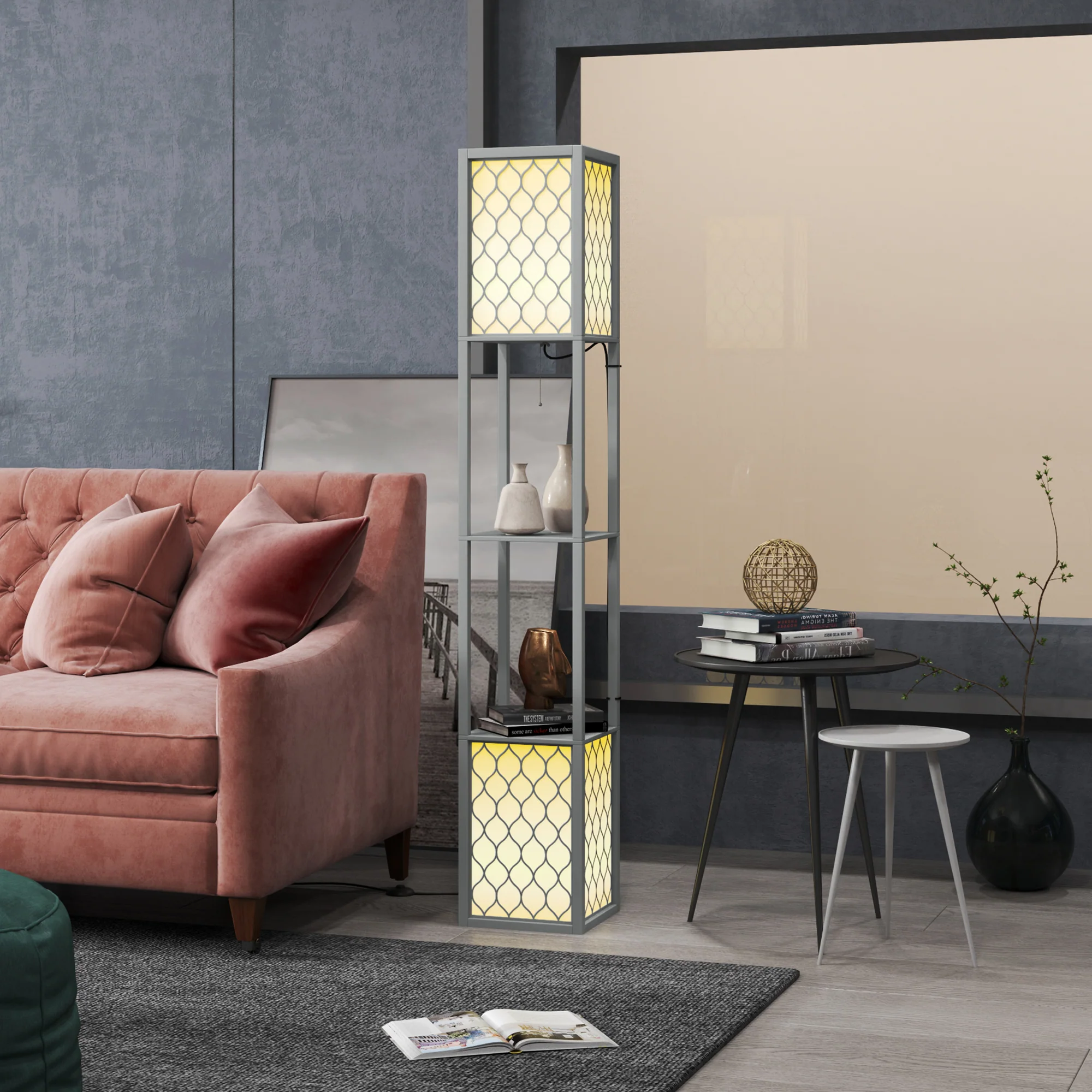 HOMCOM 2-Light Modern Floor Lamp With Shelves For Living Room, Bedroom - Image 8