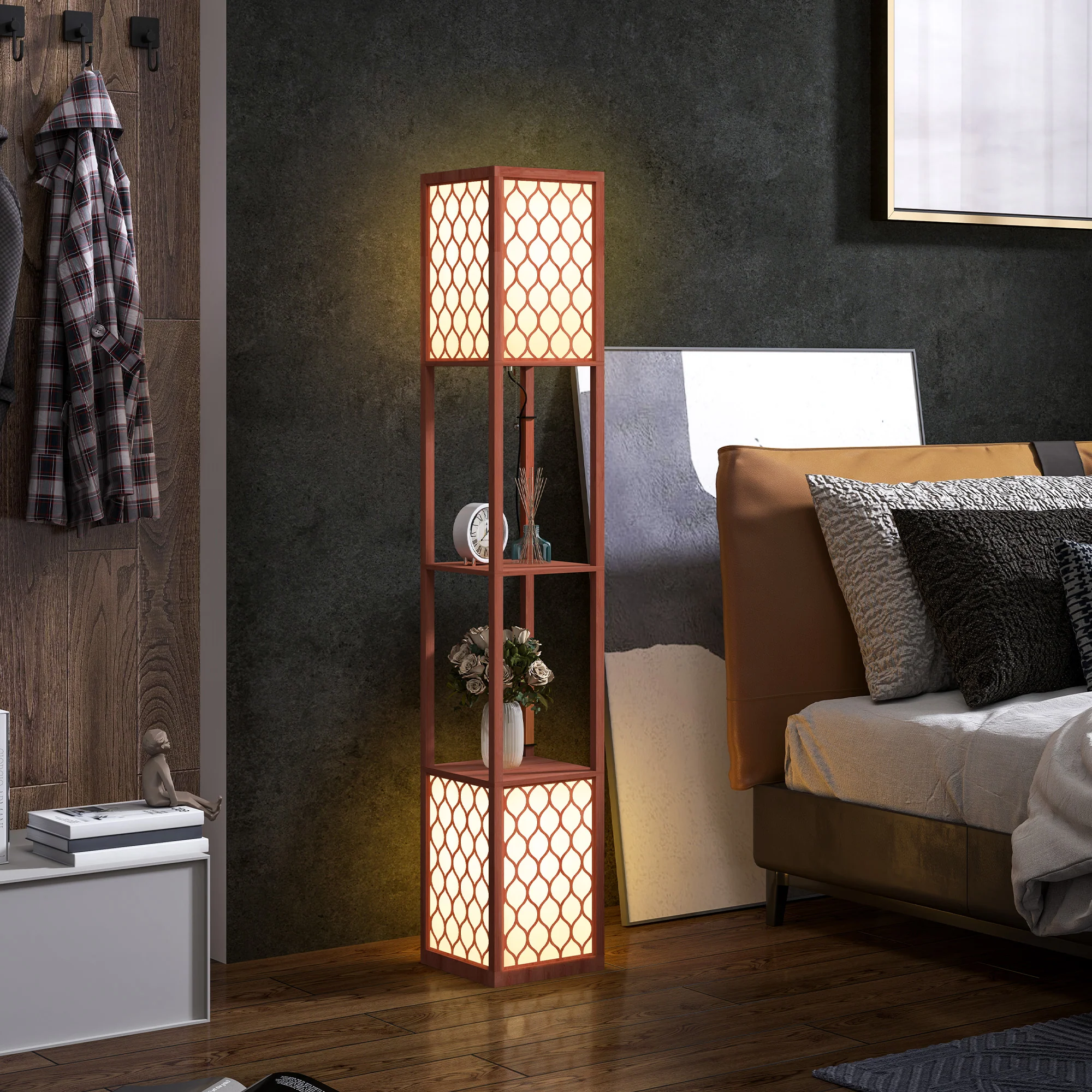 HOMCOM 2-Light Modern Floor Lamp with Shelves for Living Room, Bedroom, Brown - Image 2