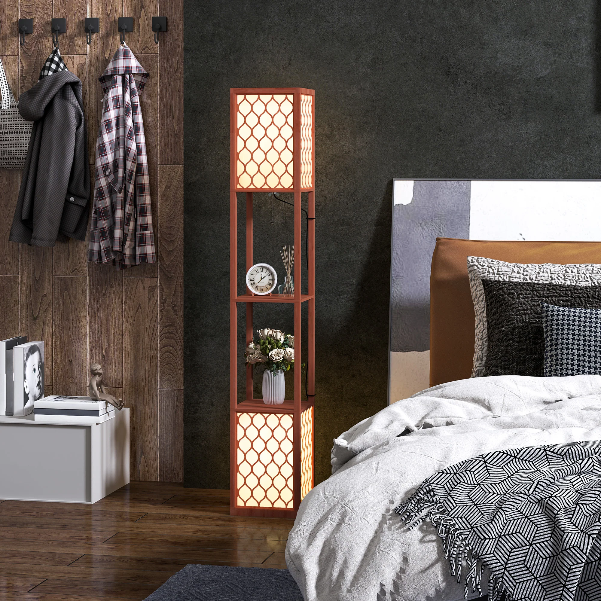 HOMCOM 2-Light Modern Floor Lamp with Shelves for Living Room, Bedroom, Brown - Image 9