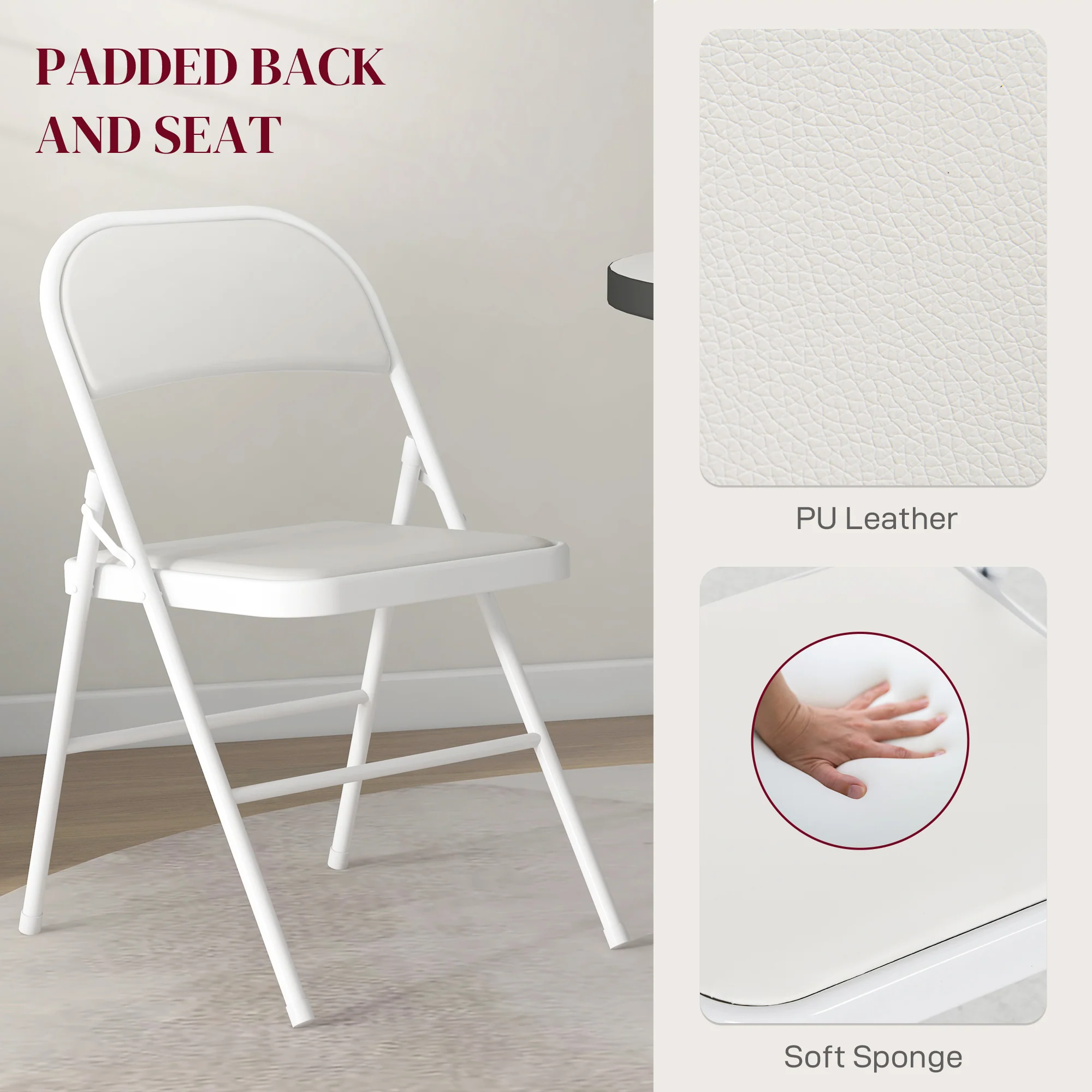 HOMCOM 2 Pack Padded Folding Chairs With Cushioned Seat And Metal Frame White - Image 3