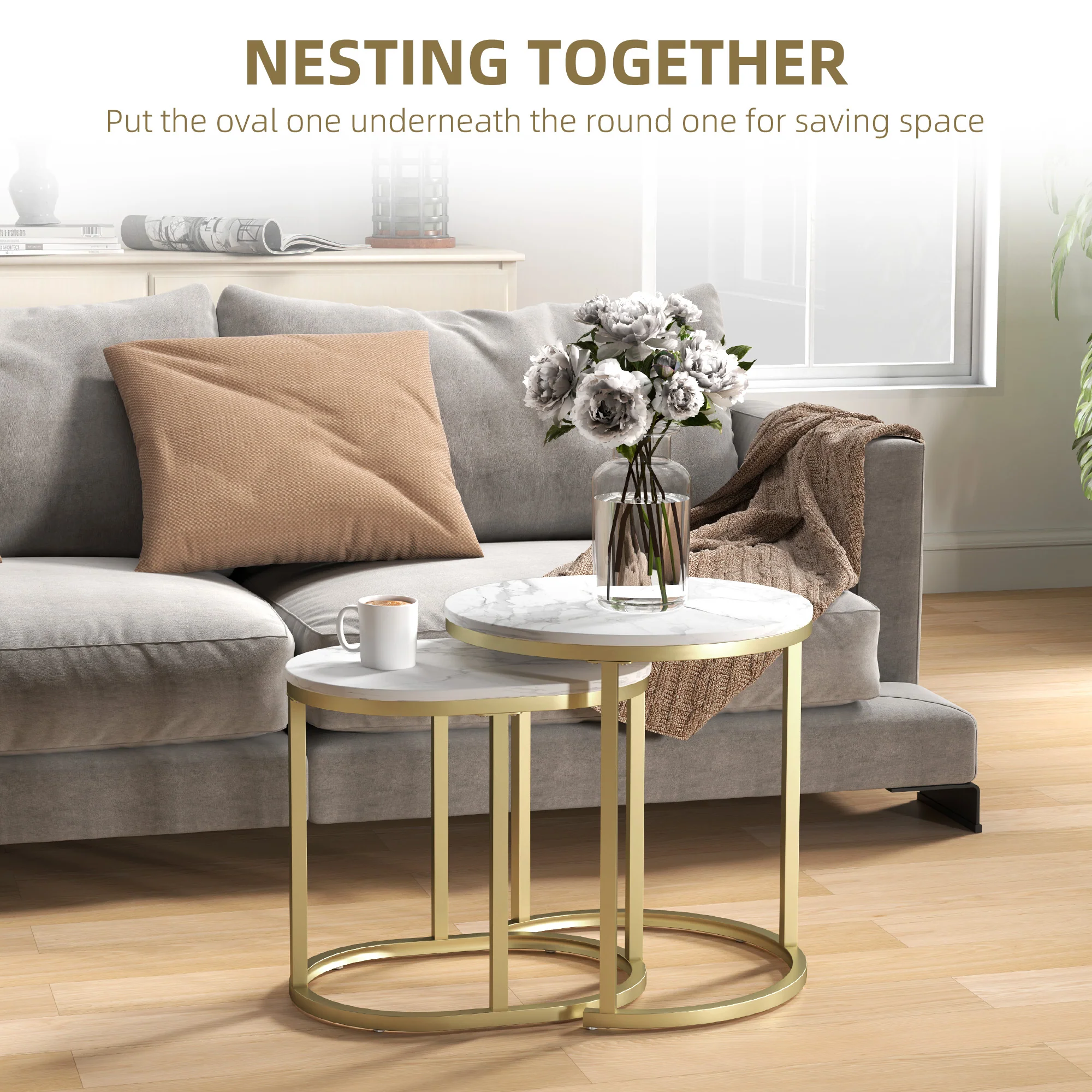 HOMCOM 2 Pcs Coffee Table with Faux Marble Side Accent Tables White - Image 12
