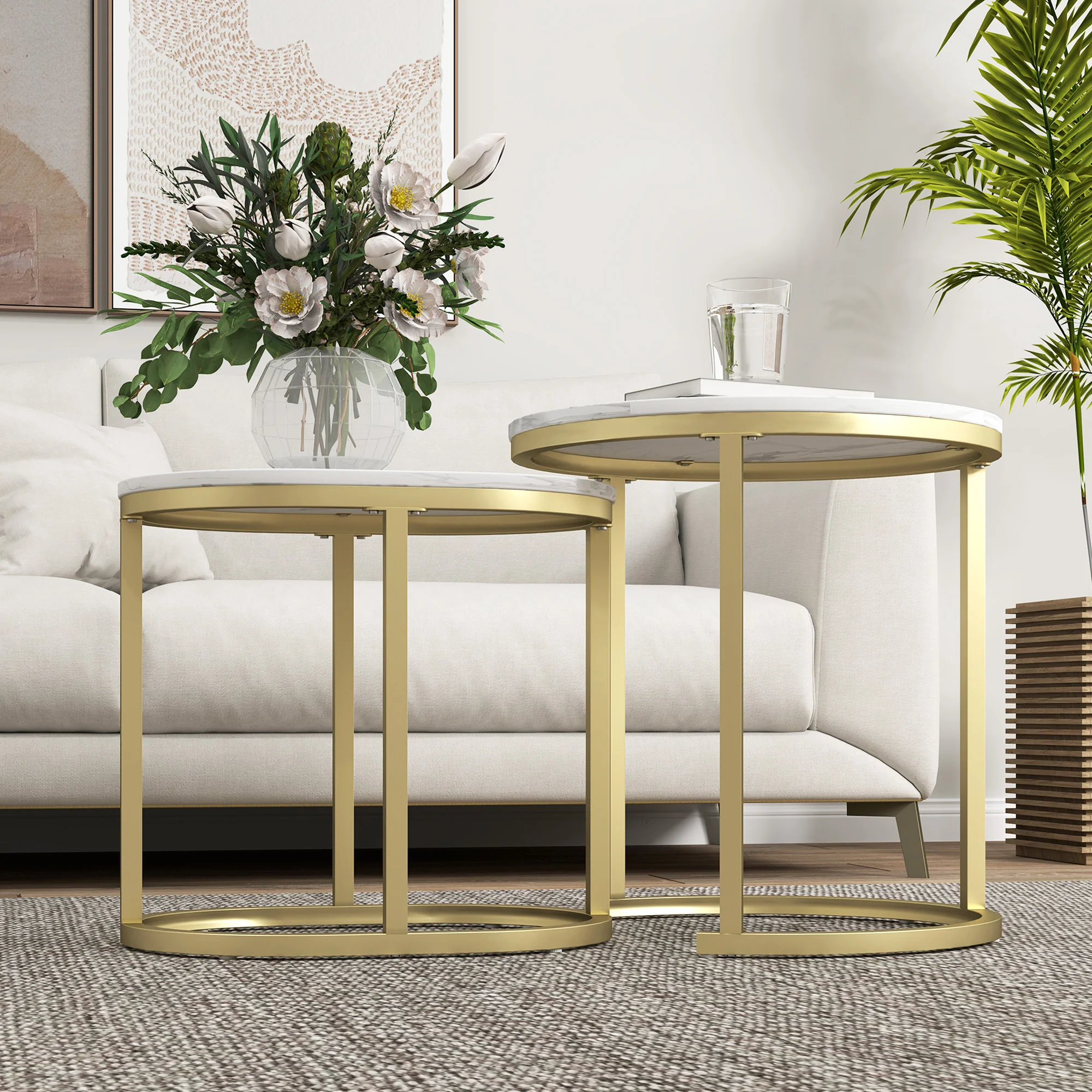 HOMCOM 2 Pcs Coffee Table with Faux Marble Side Accent Tables White - Image 17