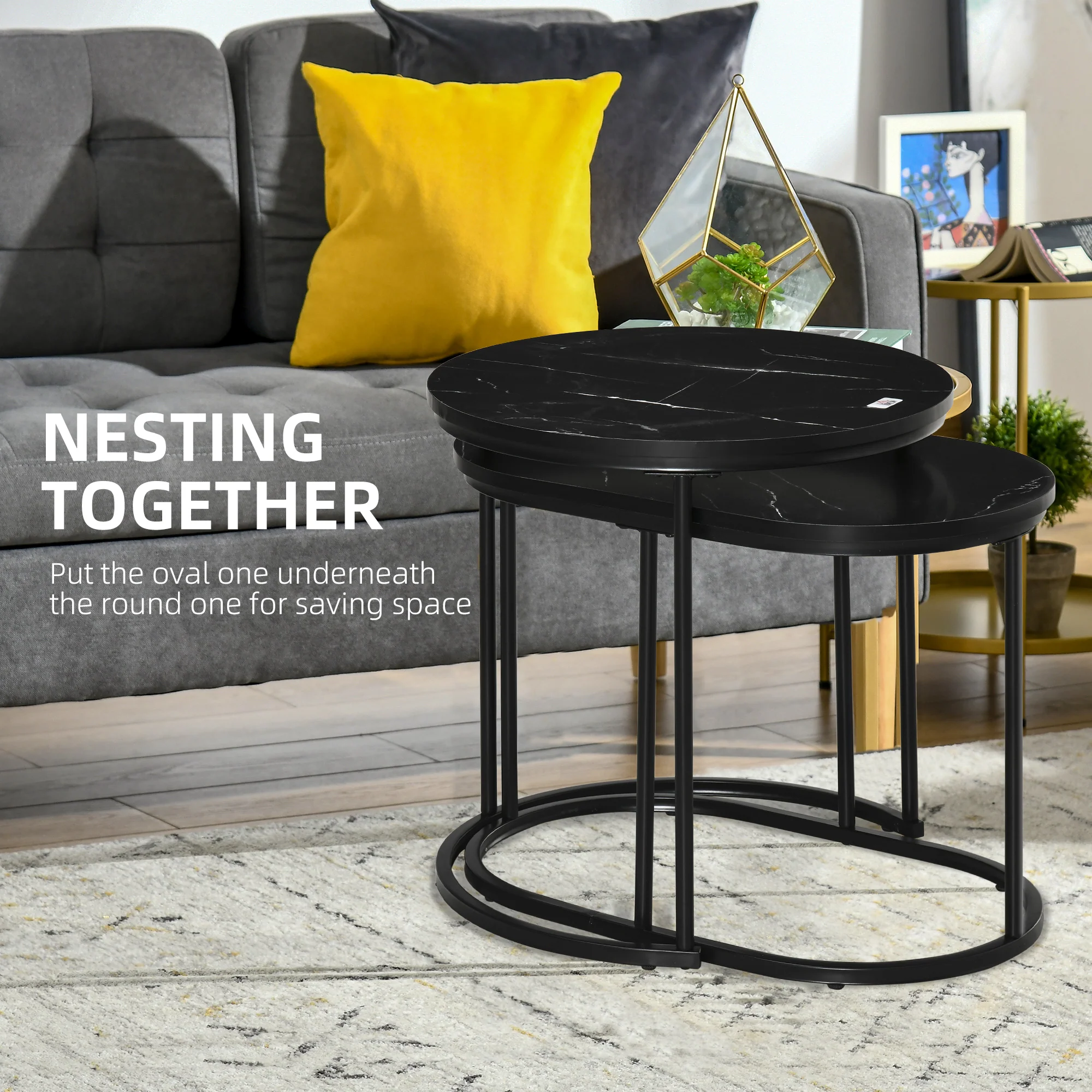 HOMCOM 2 Pcs Modern Coffee Table With Faux Marble Side Accent Tables Black - Image 3