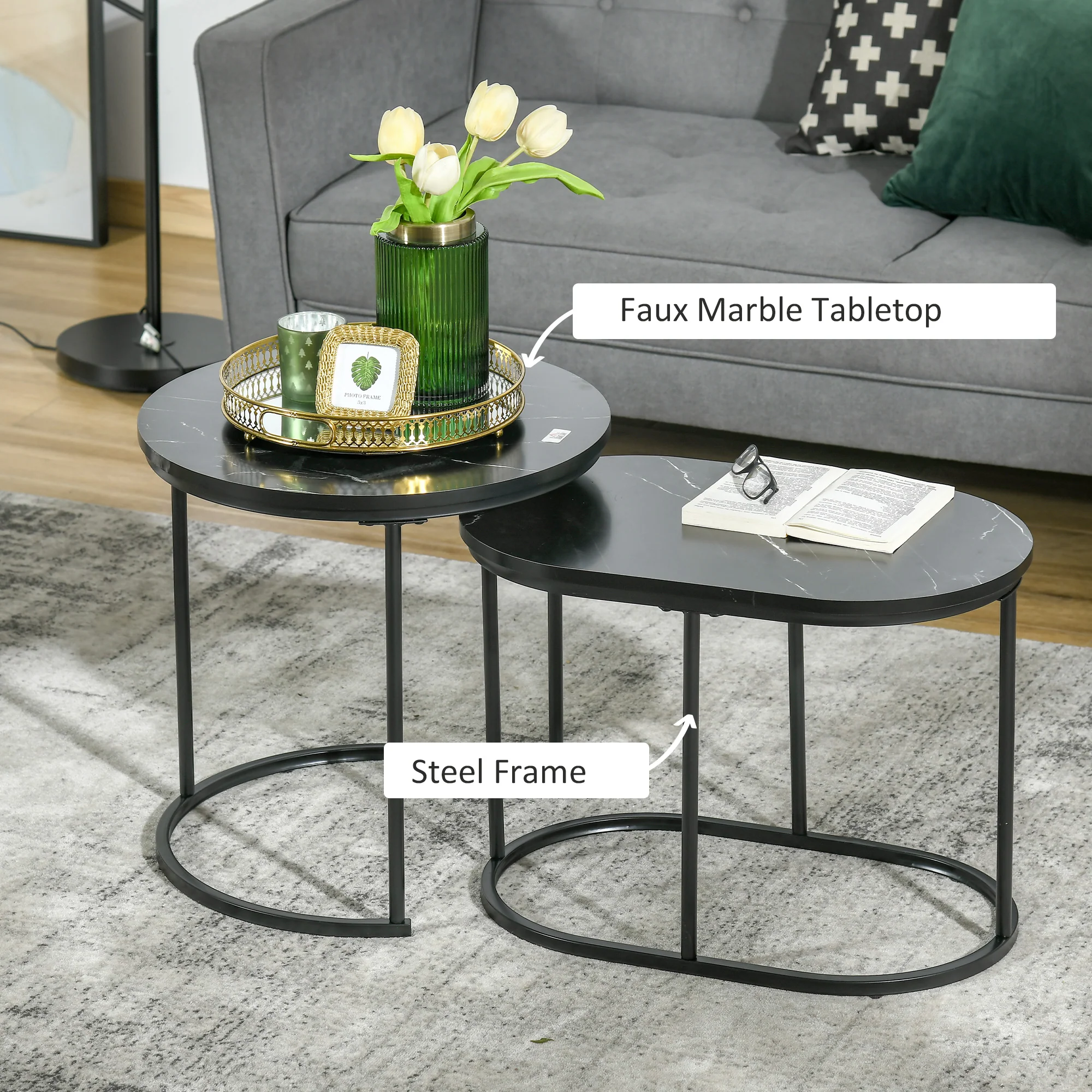 HOMCOM 2 Pcs Modern Coffee Table With Faux Marble Side Accent Tables Black - Image 4