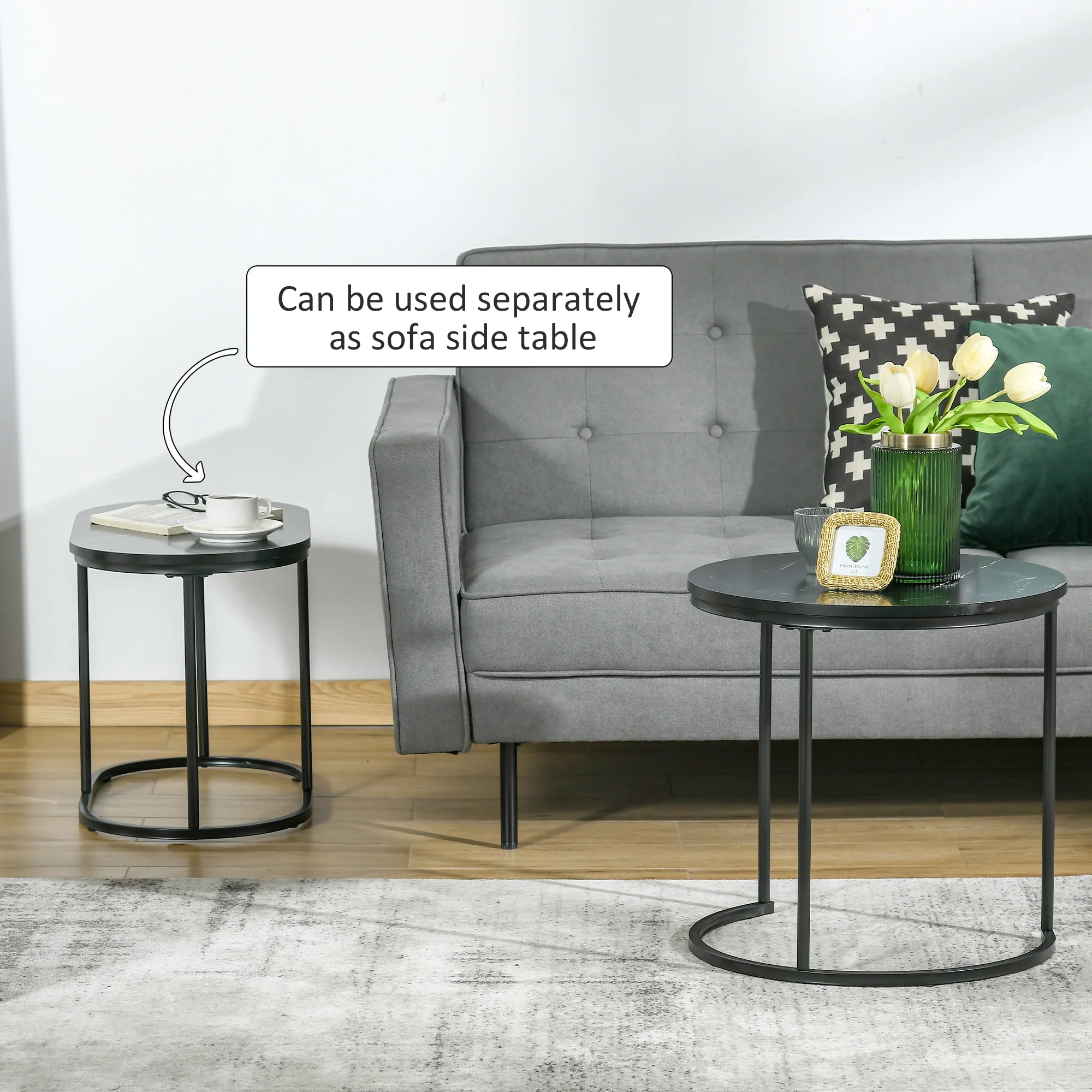 HOMCOM 2 Pcs Modern Coffee Table With Faux Marble Side Accent Tables Black - Image 7