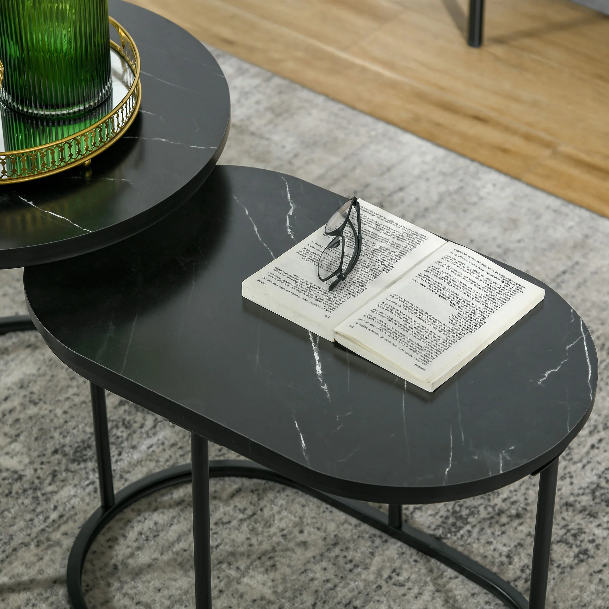HOMCOM 2 Pcs Modern Coffee Table With Faux Marble Side Accent Tables Black - Image 9