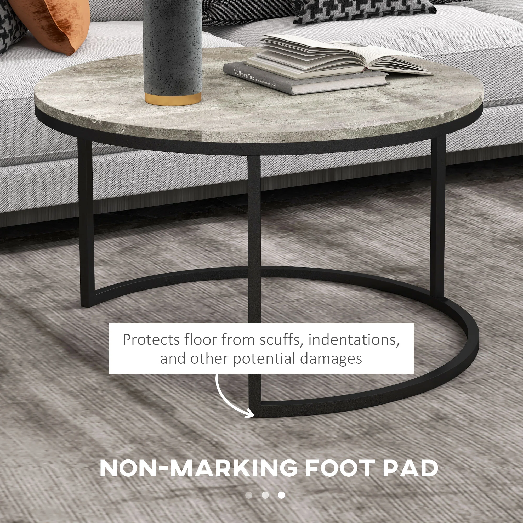 HOMCOM 2 Pcs Stacking Coffee Table Set Steel Frame Cement-Effect Top Foot Pads - Image 7