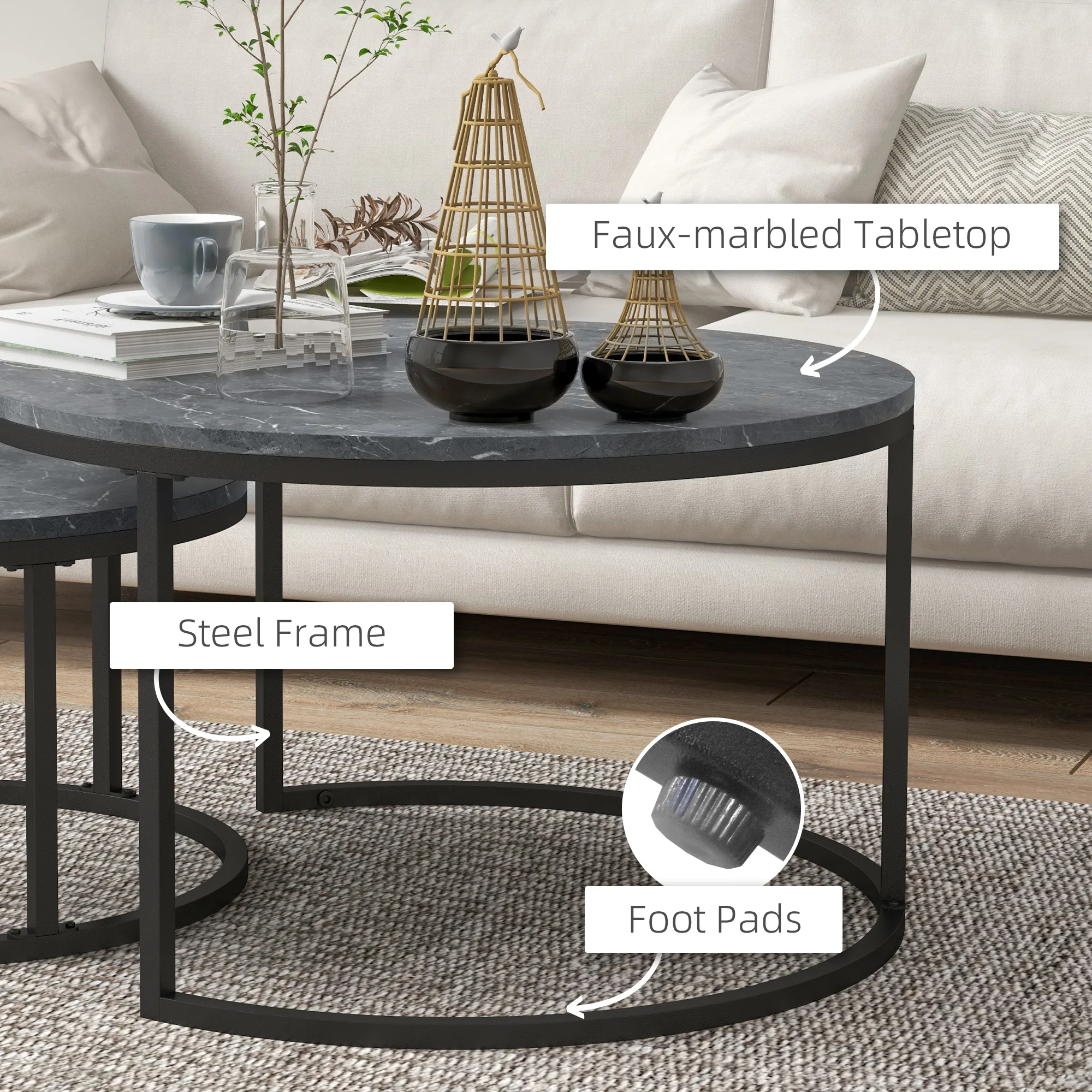 HOMCOM 2 Pcs Stacking Coffee Table Set Steel Frame Marble-Effect Top Foot Pads - Image 6
