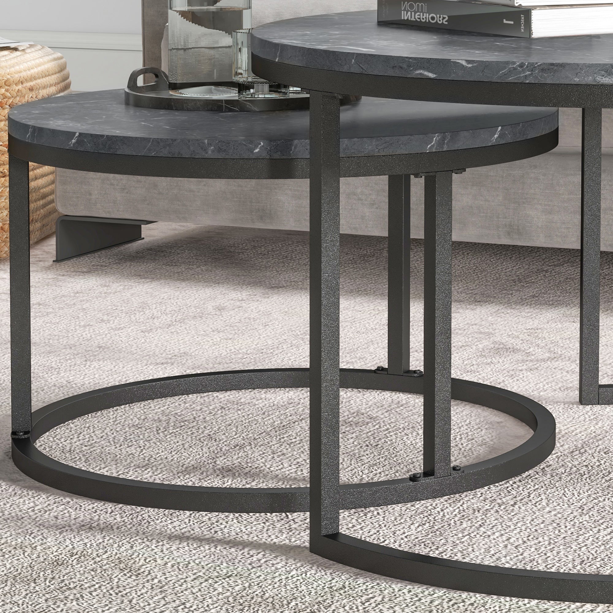 HOMCOM 2 Pcs Stacking Coffee Table Set Steel Frame Marble-Effect Top Foot Pads - Image 9
