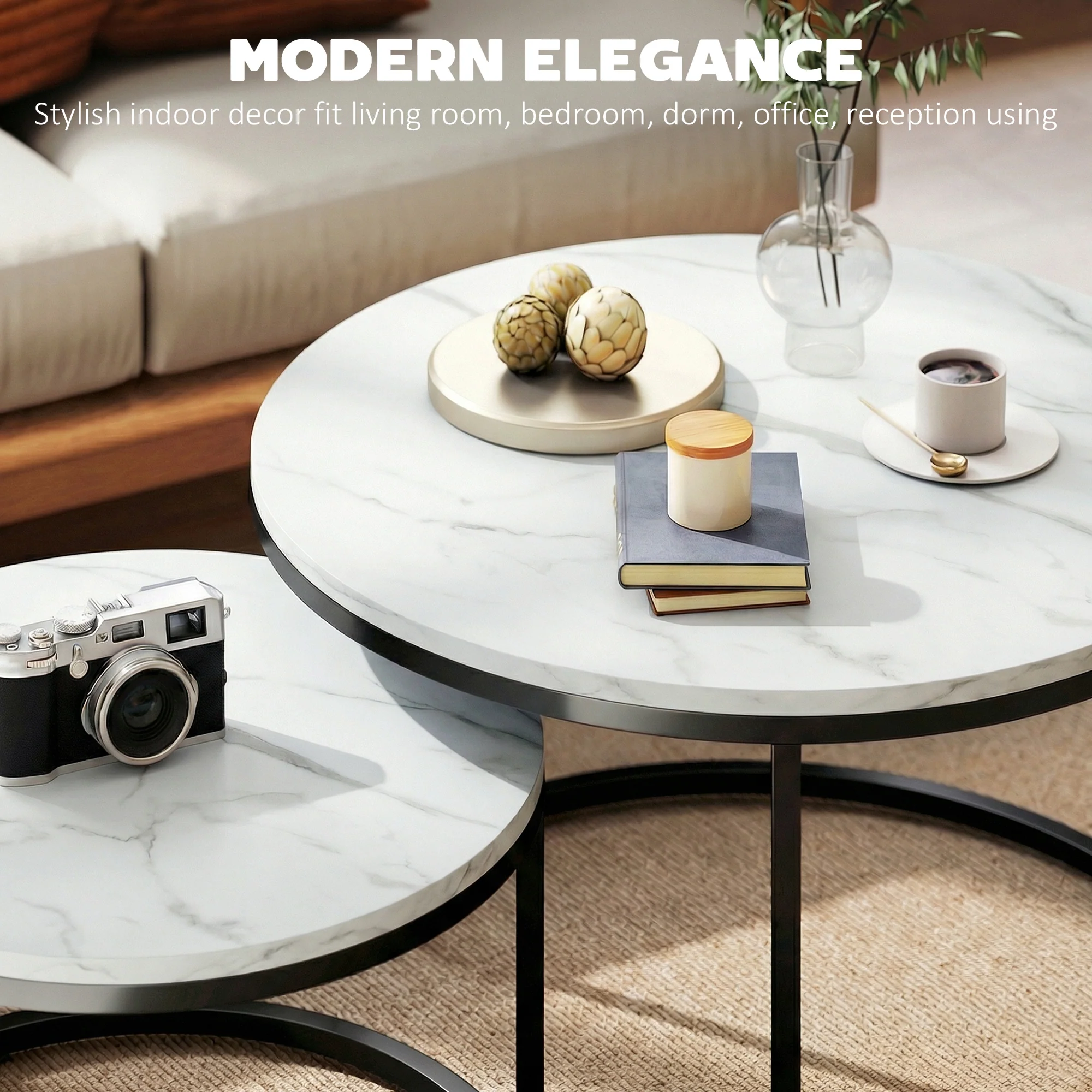 HOMCOM 2 Pcs Stacking Coffee Table Set Steel Frame, Marble White - Image 3