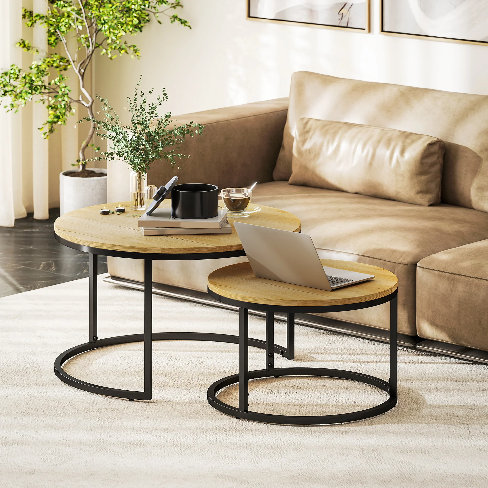HOMCOM 2 Pcs Stacking Coffee Table Set With Steel Frame - Image 11