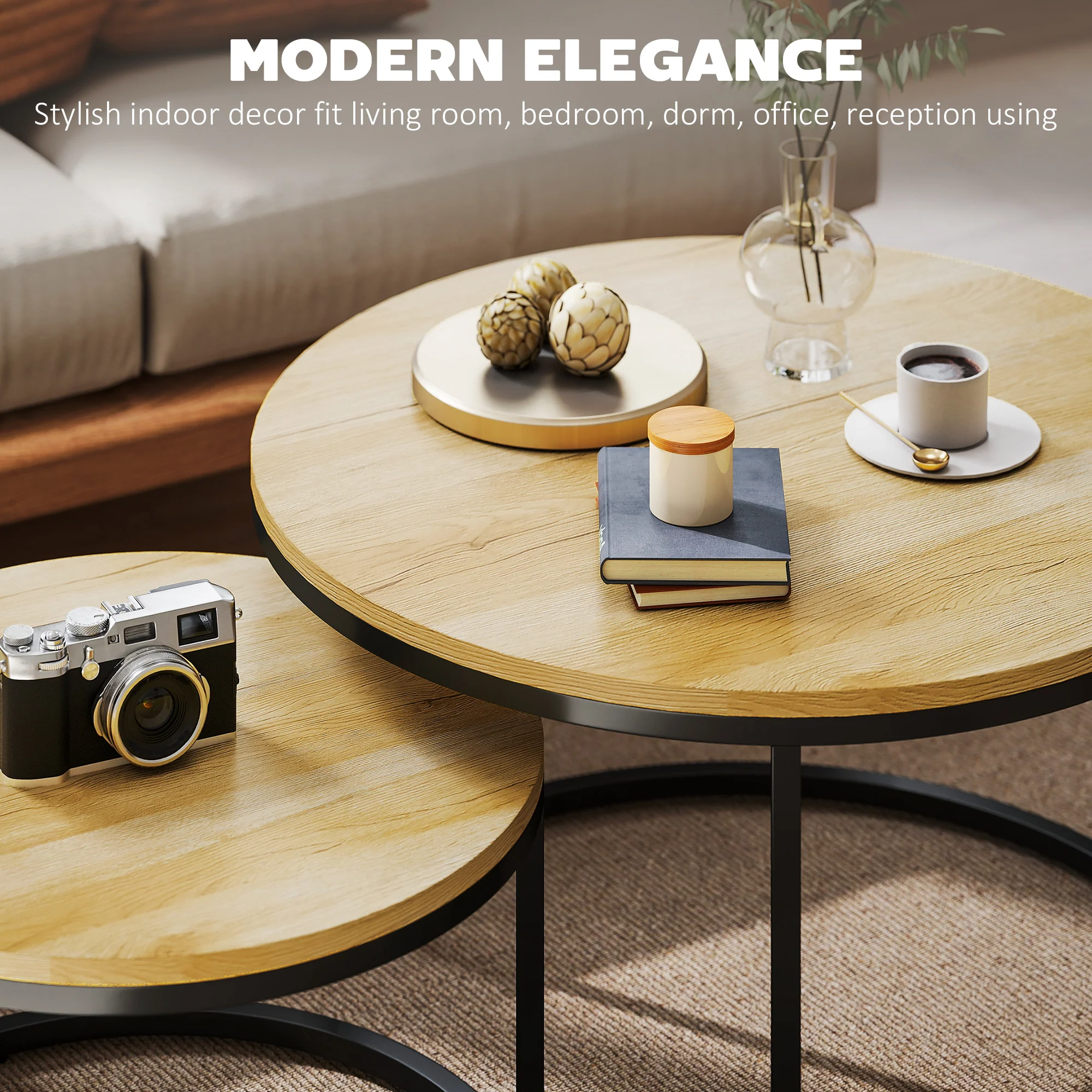 HOMCOM 2 Pcs Stacking Coffee Table Set With Steel Frame - Image 12