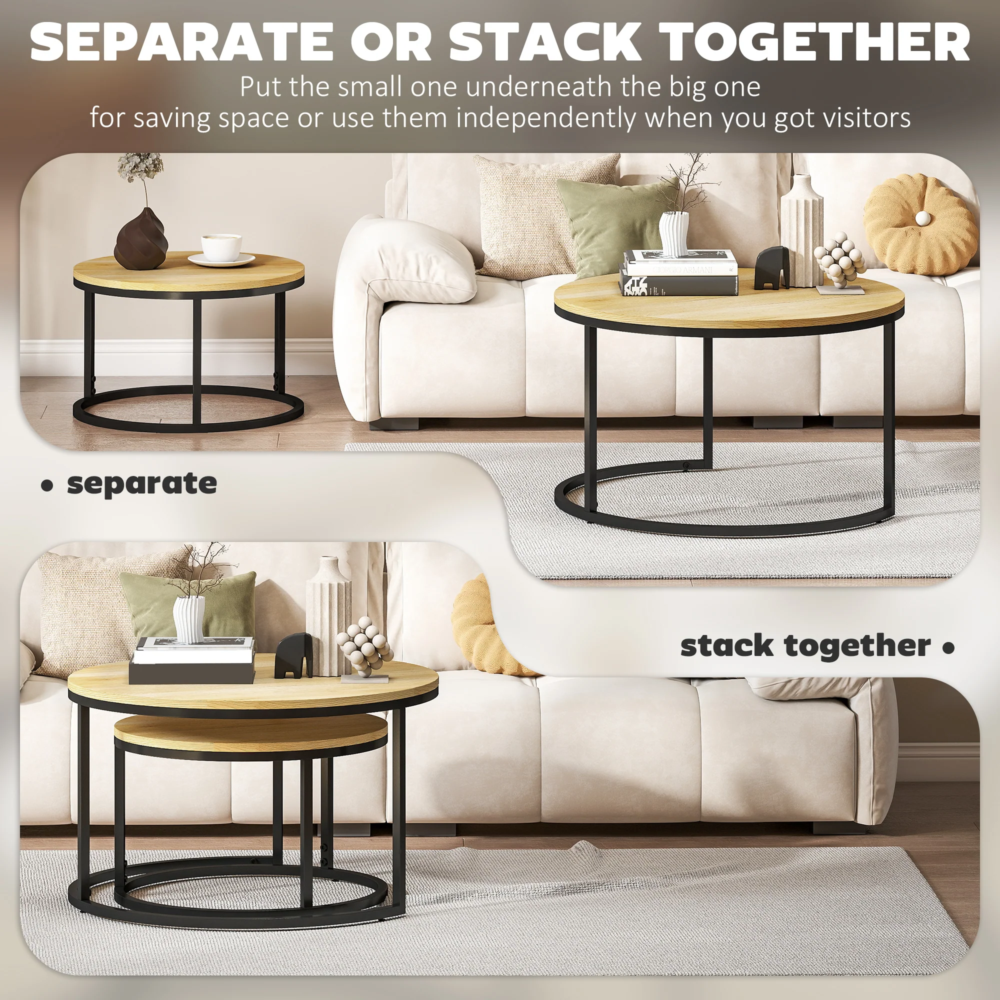HOMCOM 2 Pcs Stacking Coffee Table Set With Steel Frame - Image 13