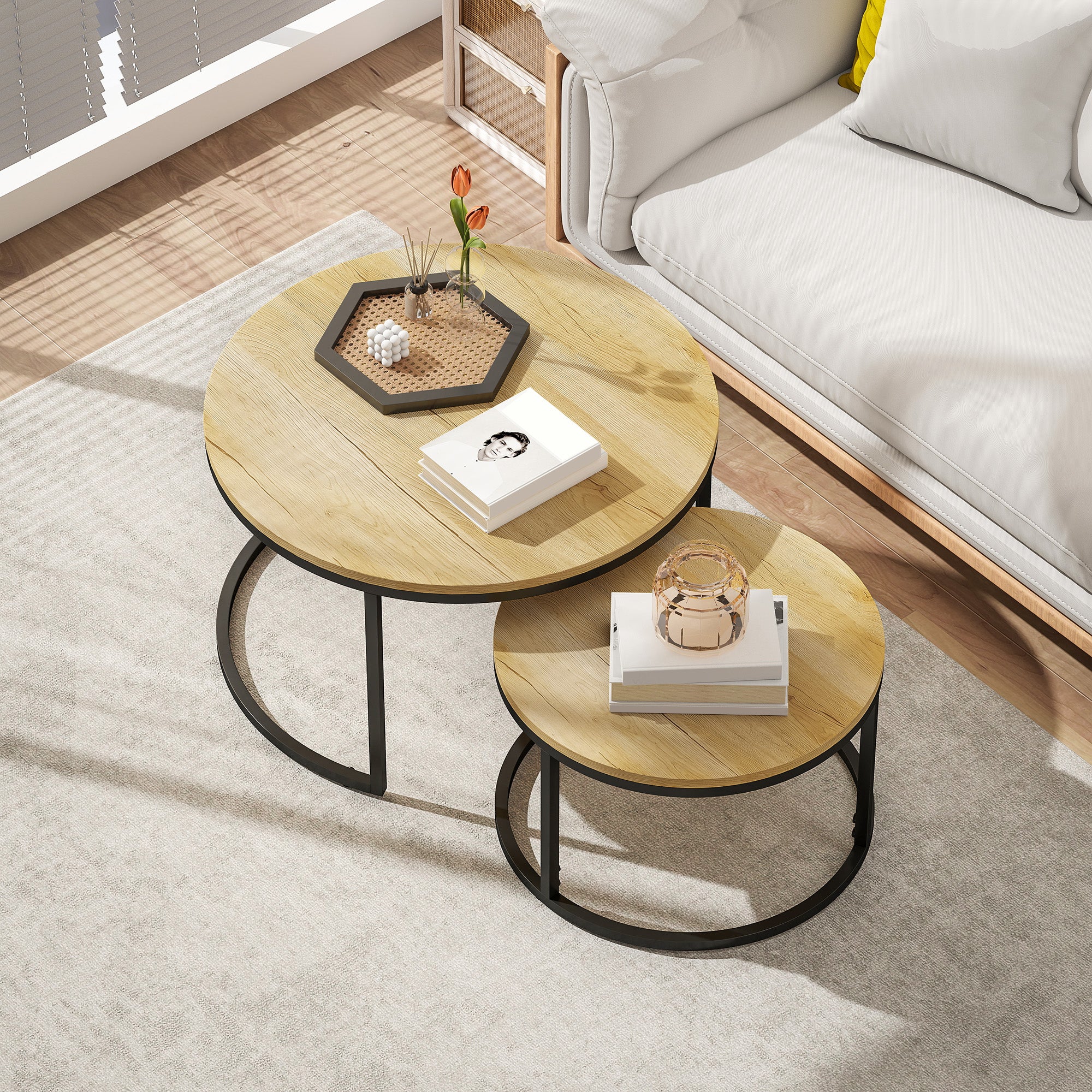 HOMCOM 2 Pcs Stacking Coffee Table Set With Steel Frame - Image 17