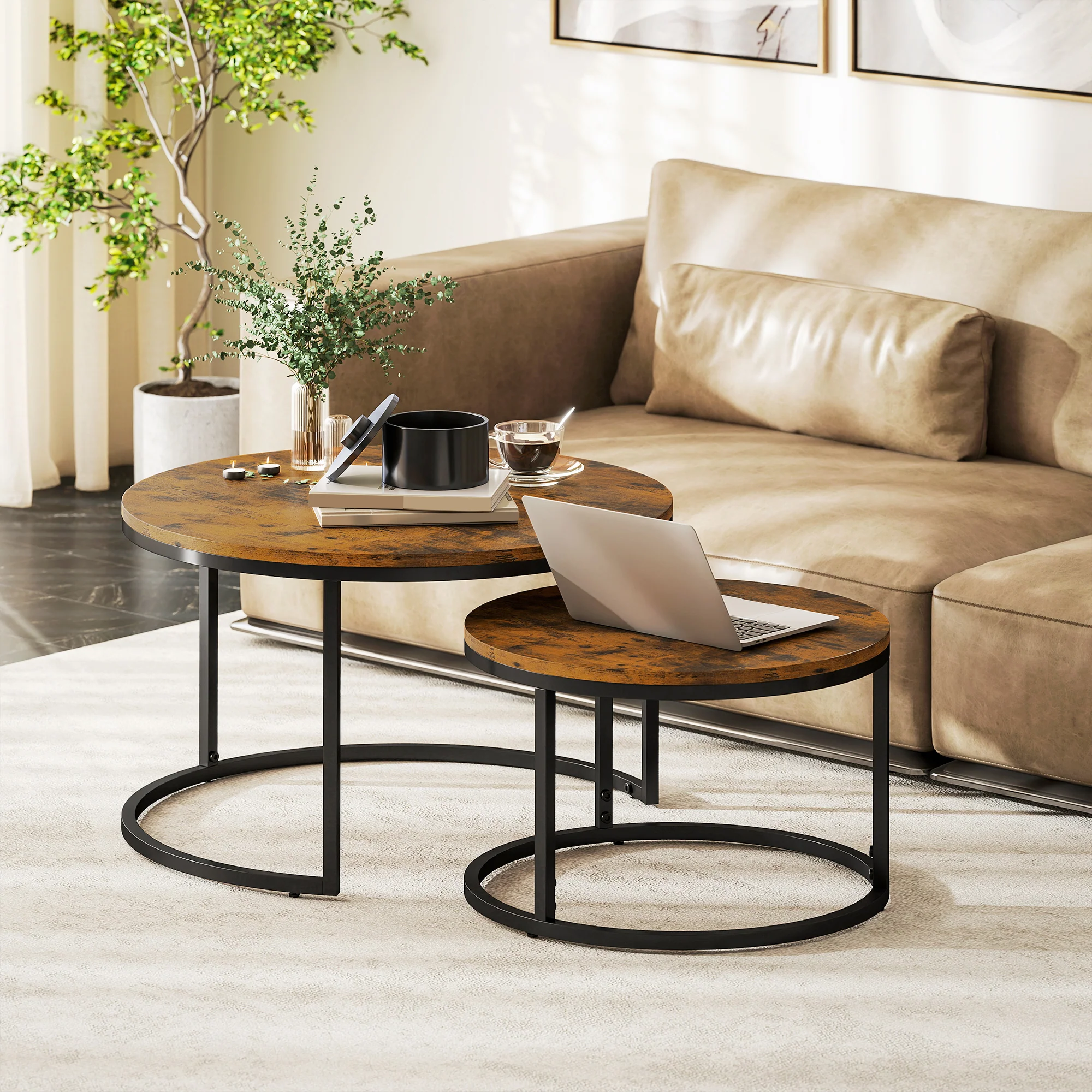 HOMCOM 2 Pcs Stacking Coffee Table Set With Steel Frame - Image 20