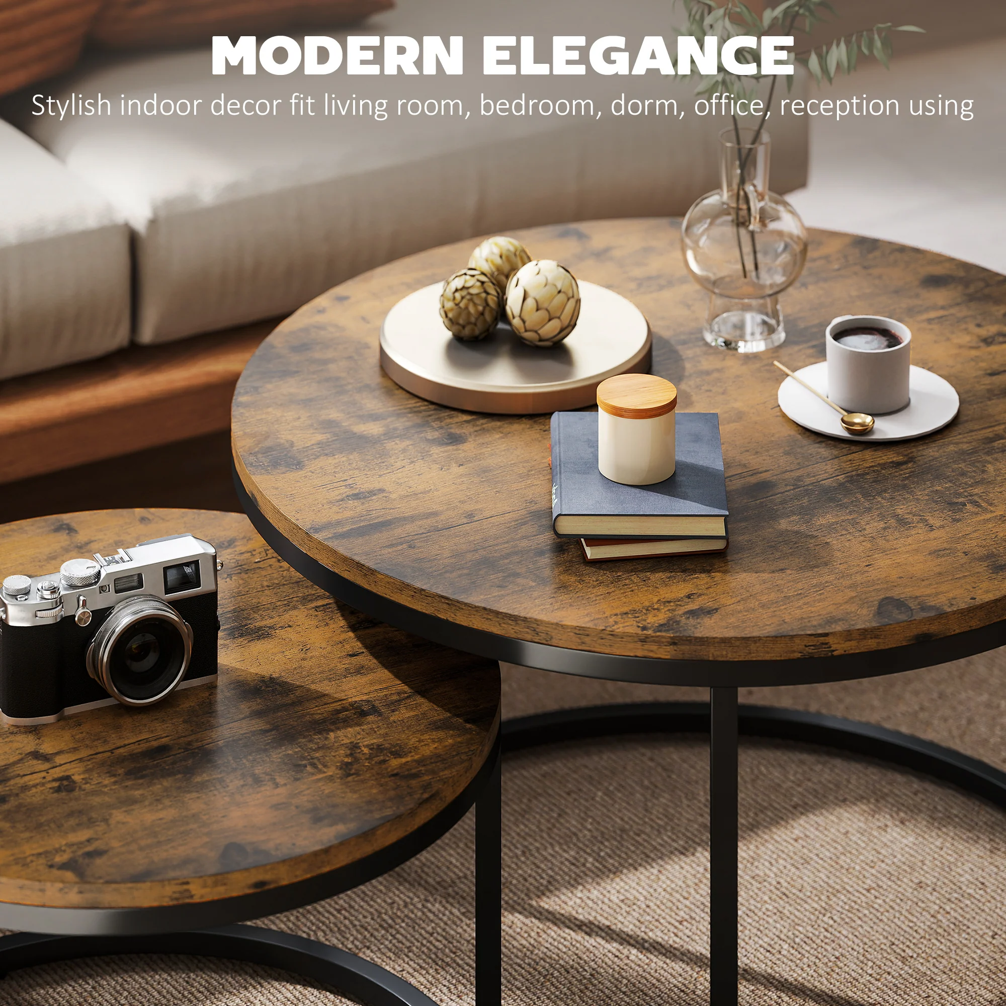 HOMCOM 2 Pcs Stacking Coffee Table Set With Steel Frame - Image 21