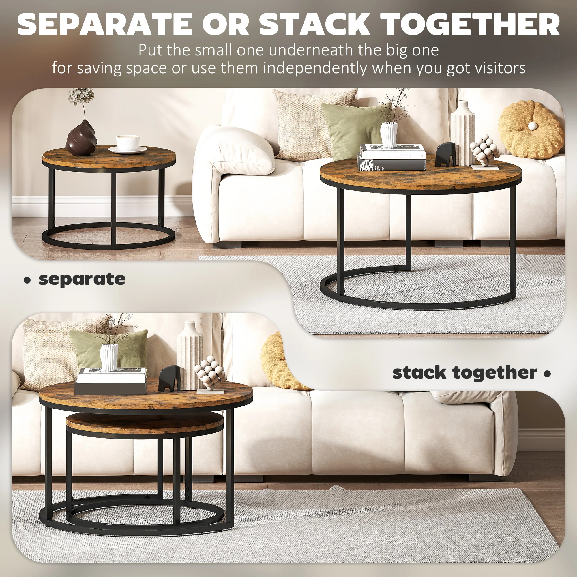 HOMCOM 2 Pcs Stacking Coffee Table Set With Steel Frame - Image 22