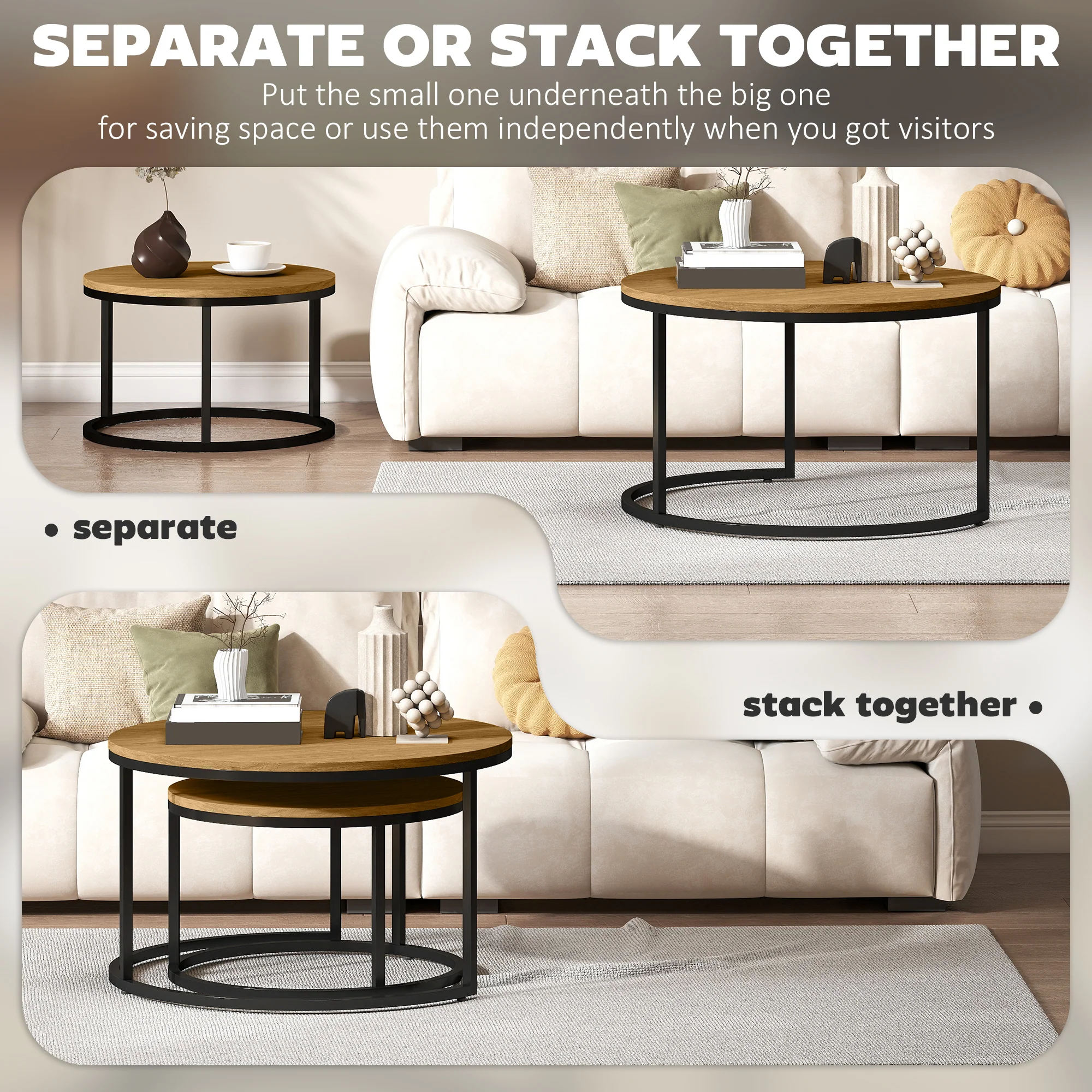 HOMCOM 2 Pcs Stacking Coffee Table Set With Steel Frame - Image 4