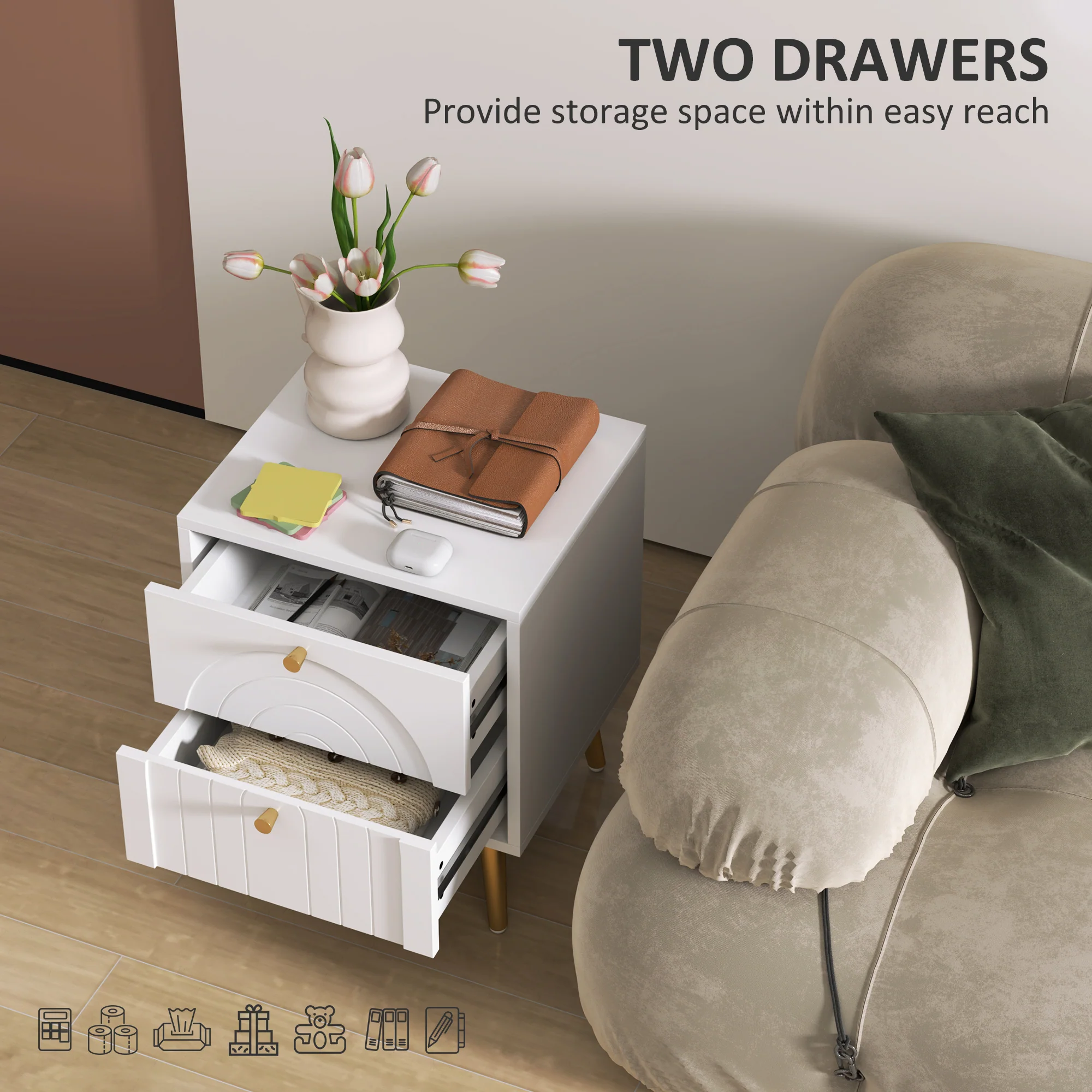 HOMCOM 2-Piece Bedside Tables Set with 2 Drawers for Bedroom, White - Image 4
