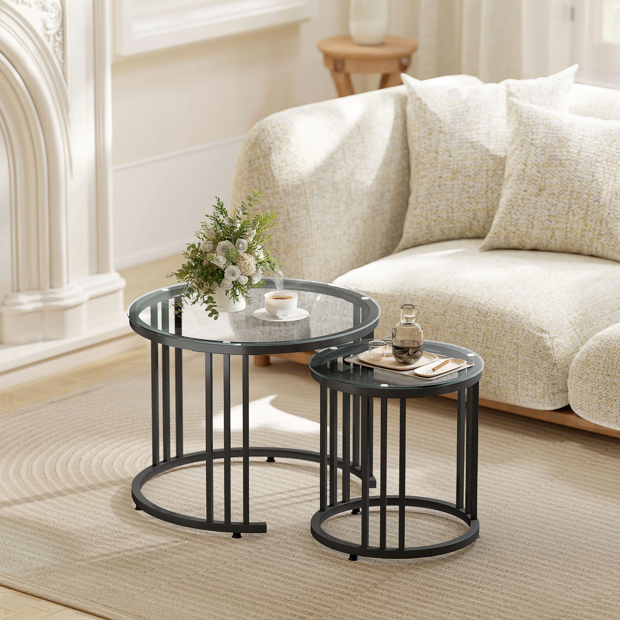 HOMCOM 2 Pieces Round Nesting Coffee Tables With Tempered Glass Top, Black - Image 2
