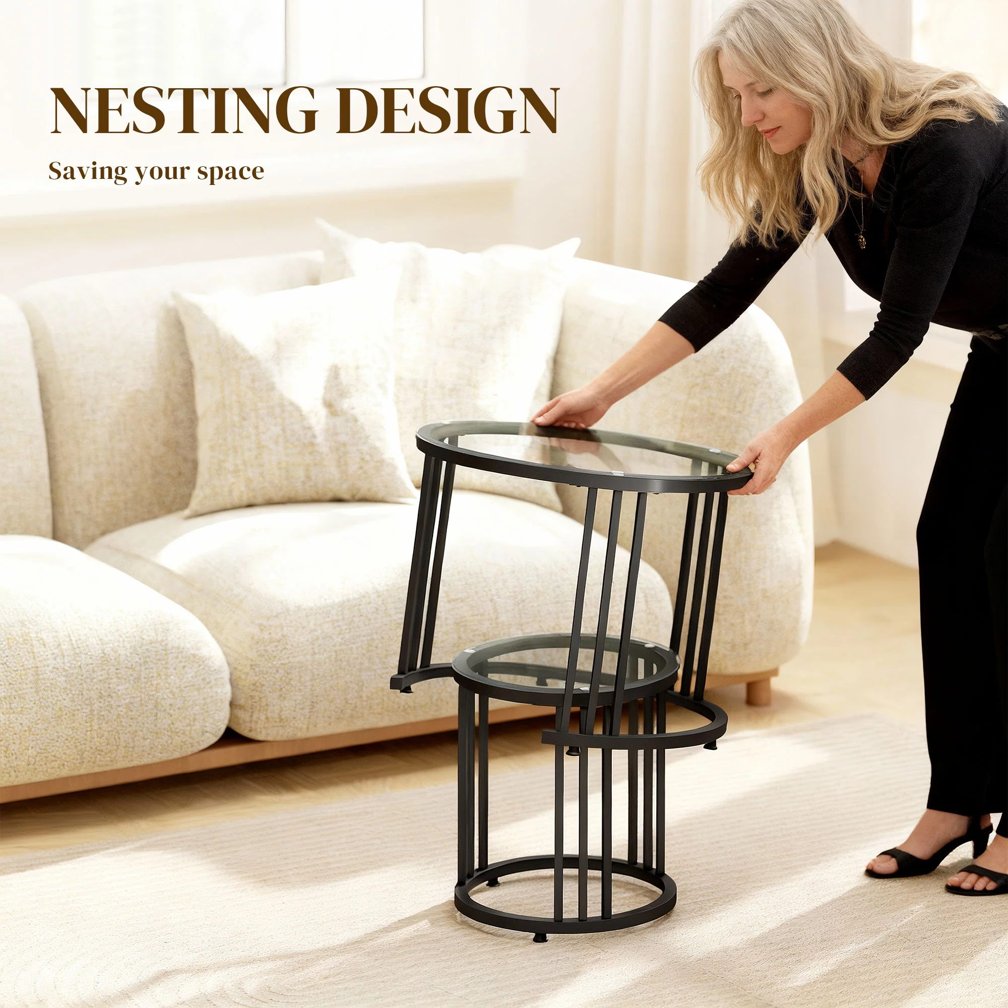 HOMCOM 2 Pieces Round Nesting Coffee Tables With Tempered Glass Top, Black - Image 3