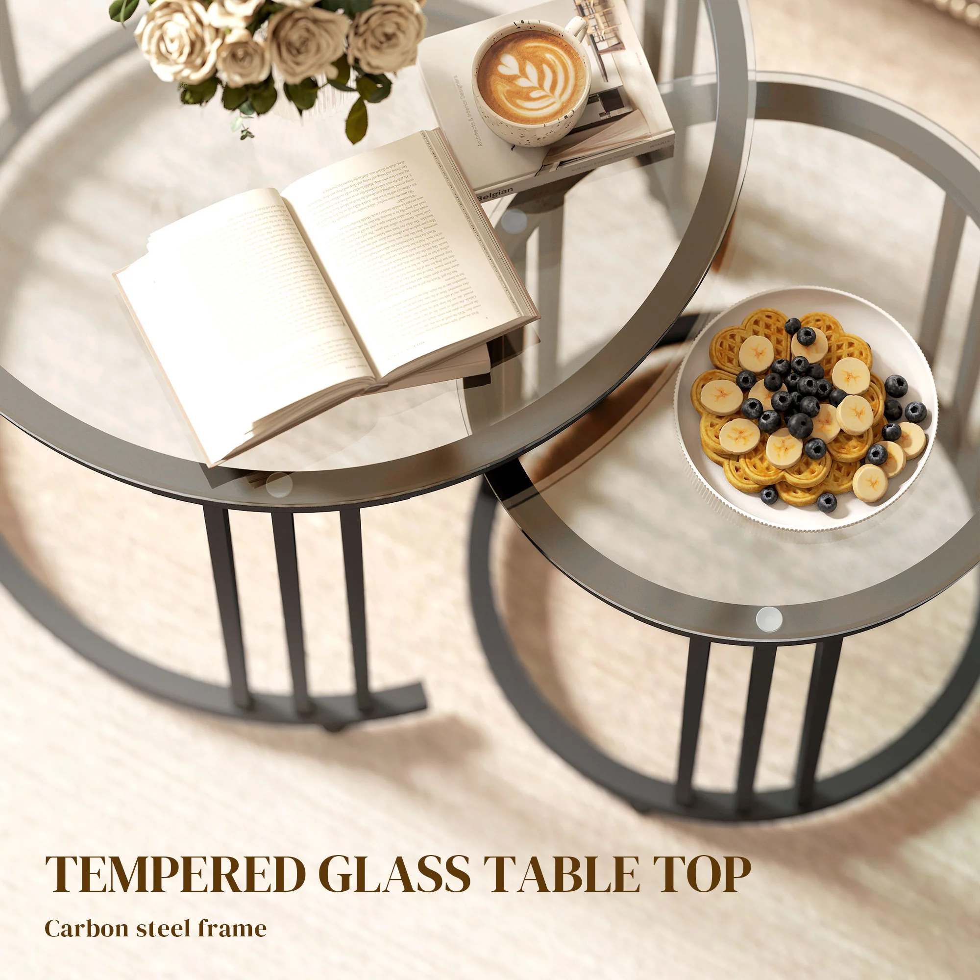HOMCOM 2 Pieces Round Nesting Coffee Tables With Tempered Glass Top, Black - Image 4