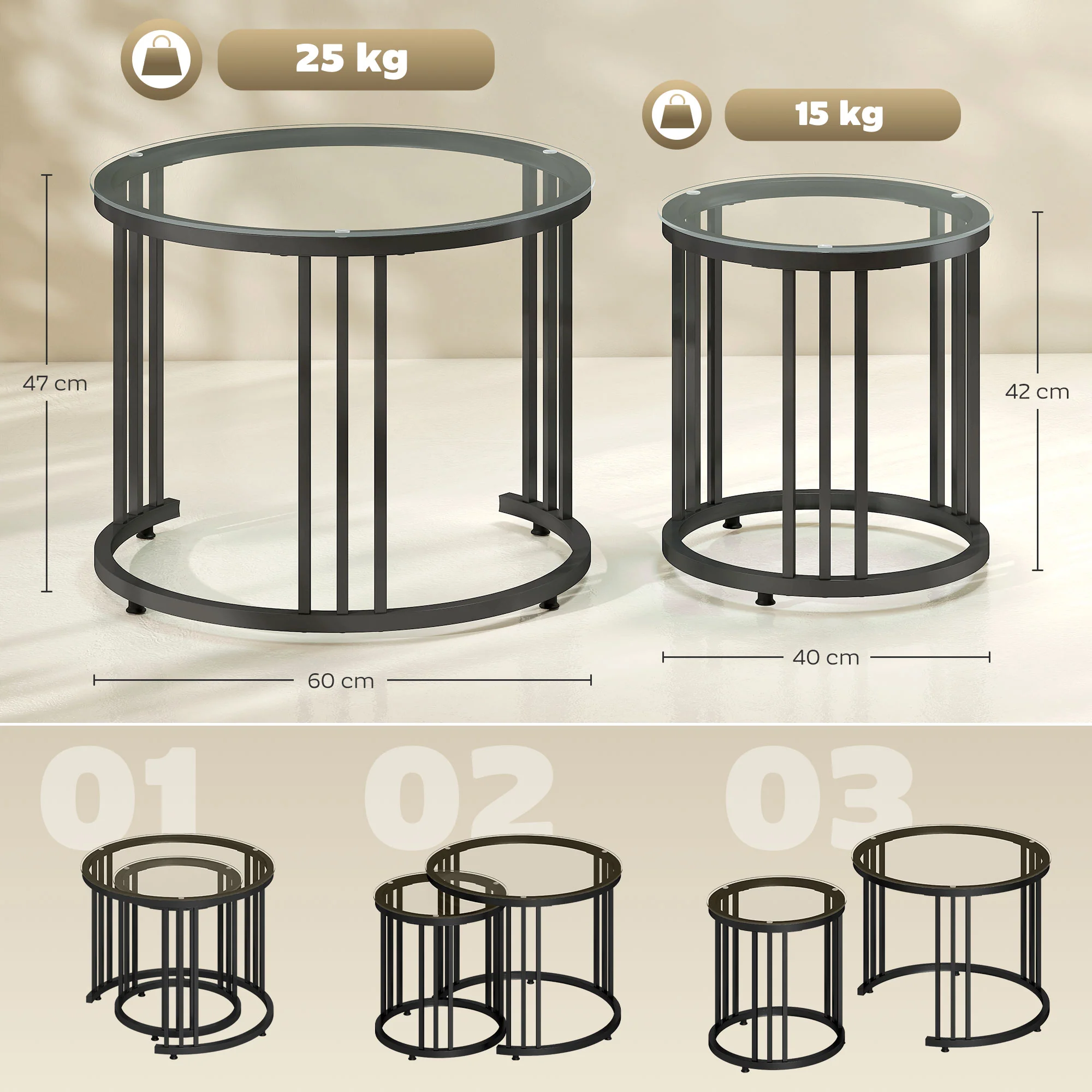 HOMCOM 2 Pieces Round Nesting Coffee Tables With Tempered Glass Top, Black - Image 5