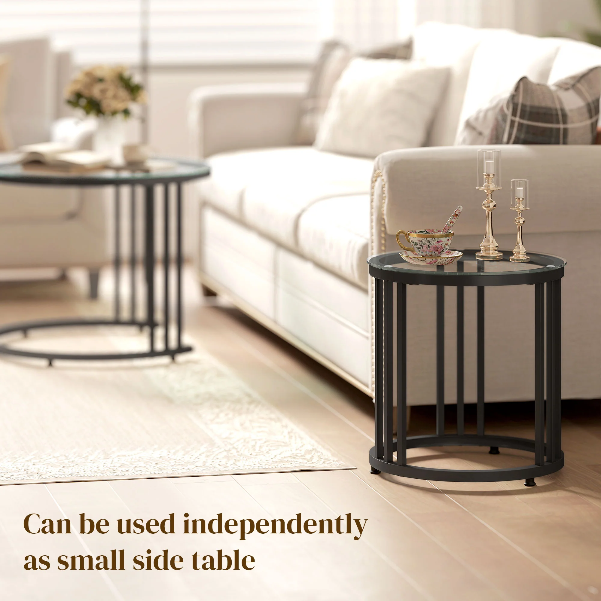 HOMCOM 2 Pieces Round Nesting Coffee Tables With Tempered Glass Top, Black - Image 6