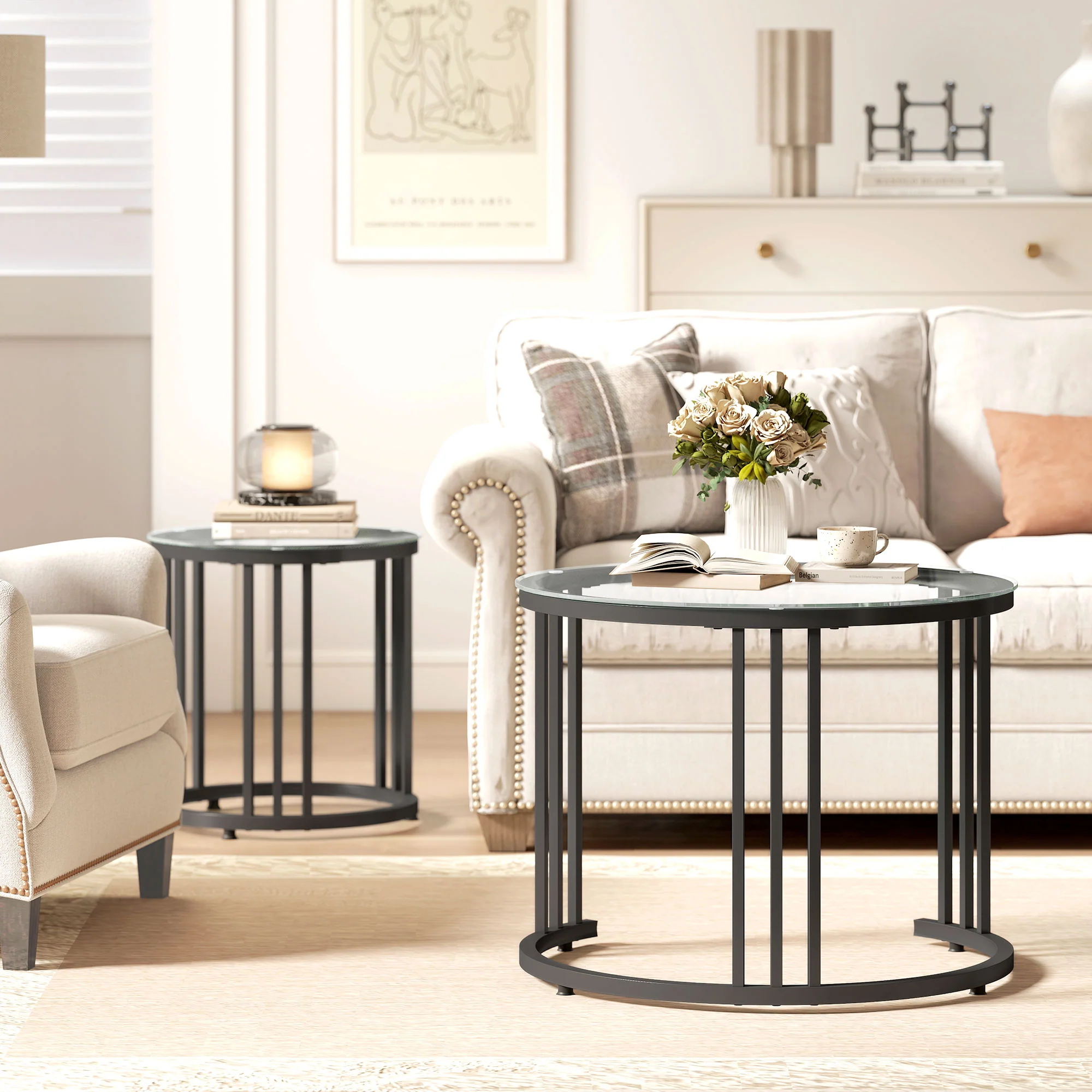 HOMCOM 2 Pieces Round Nesting Coffee Tables With Tempered Glass Top, Black - Image 7
