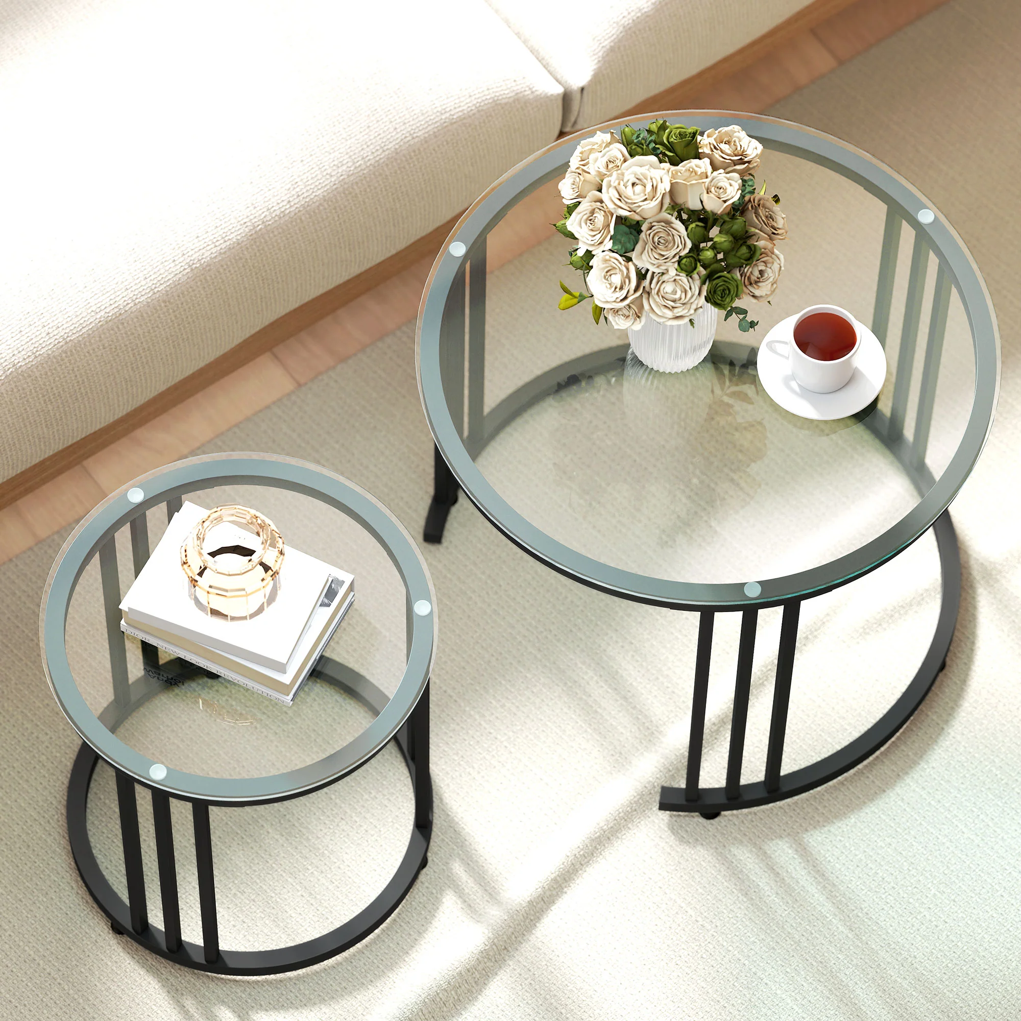 HOMCOM 2 Pieces Round Nesting Coffee Tables With Tempered Glass Top, Black - Image 8
